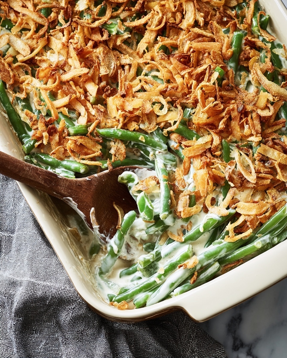 This image shows a close-up of a green bean casserole in a white rectangular baking dish. The bottom layer is a creamy white sauce mixed evenly with bright green green beans. The top layer is a generous spread of light brown, crispy fried onion strips with some darker toasted spots, giving a crunchy texture. A wooden spoon is scooping into the casserole from the left side, revealing the creamy green beans underneath the crispy onion topping. The dish sits on a white marbled surface with a gray cloth slightly visible on the side. Photo taken with an iphone --ar 4:5 --v 7