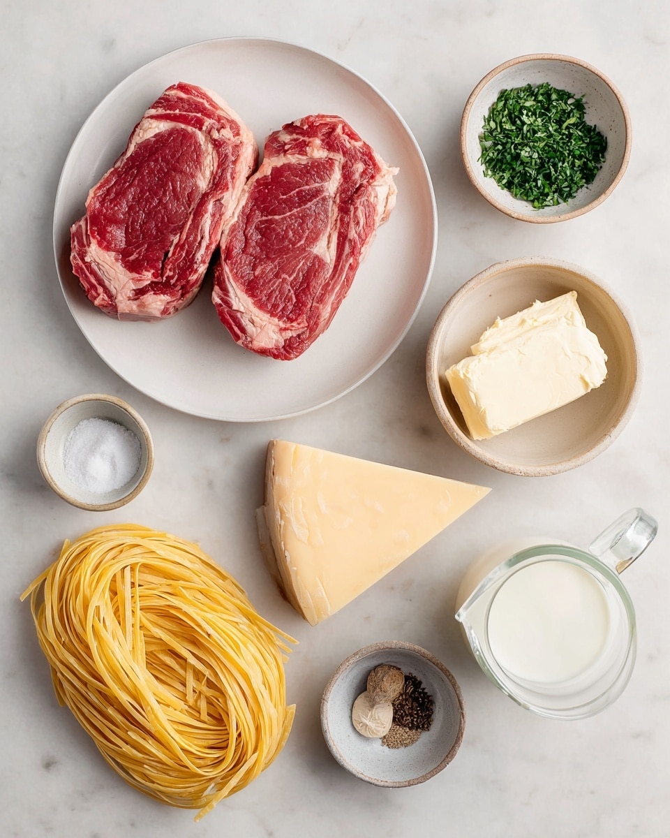 The image shows raw ingredients arranged on a white marbled surface. At the center is a white plate with two pieces of raw red meat, each with visible marbling and a bit of fat on the edges. Above the plate is a small tan bowl with a rectangular block of cream-colored butter. Next to it is a small white bowl filled with finely chopped green herbs. To the right is a clear glass measuring jug filled with white cream. Below the jug is a wedge of pale yellow cheese with a slightly textured surface. At the bottom left is a thick pile of uncooked yellow pasta strands. Around these main ingredients are two small bowls, one light gray with white salt and the other dark gray with coarse black pepper, and next to them is a whole nutmeg. The items are evenly spaced in a neat and clean layout. photo taken with an iphone --ar 4:5 --v 7