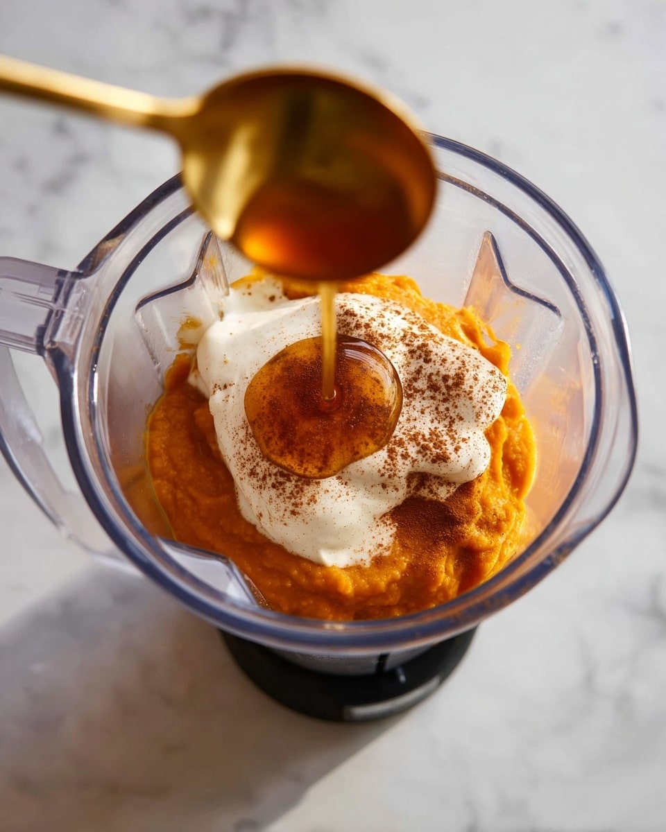 Inside a clear blender container, there are three main layers: at the bottom, a thick orange layer of pumpkin puree, above it a dollop of creamy white yogurt slightly spread out, and a dusting of brown cinnamon powder sprinkled on top of the yogurt. A golden spoon is pouring a smooth stream of amber honey into the center of the cinnamon, creating a shiny wet spot. The blender sits on a white marbled surface. photo taken with an iphone --ar 4:5 --v 7