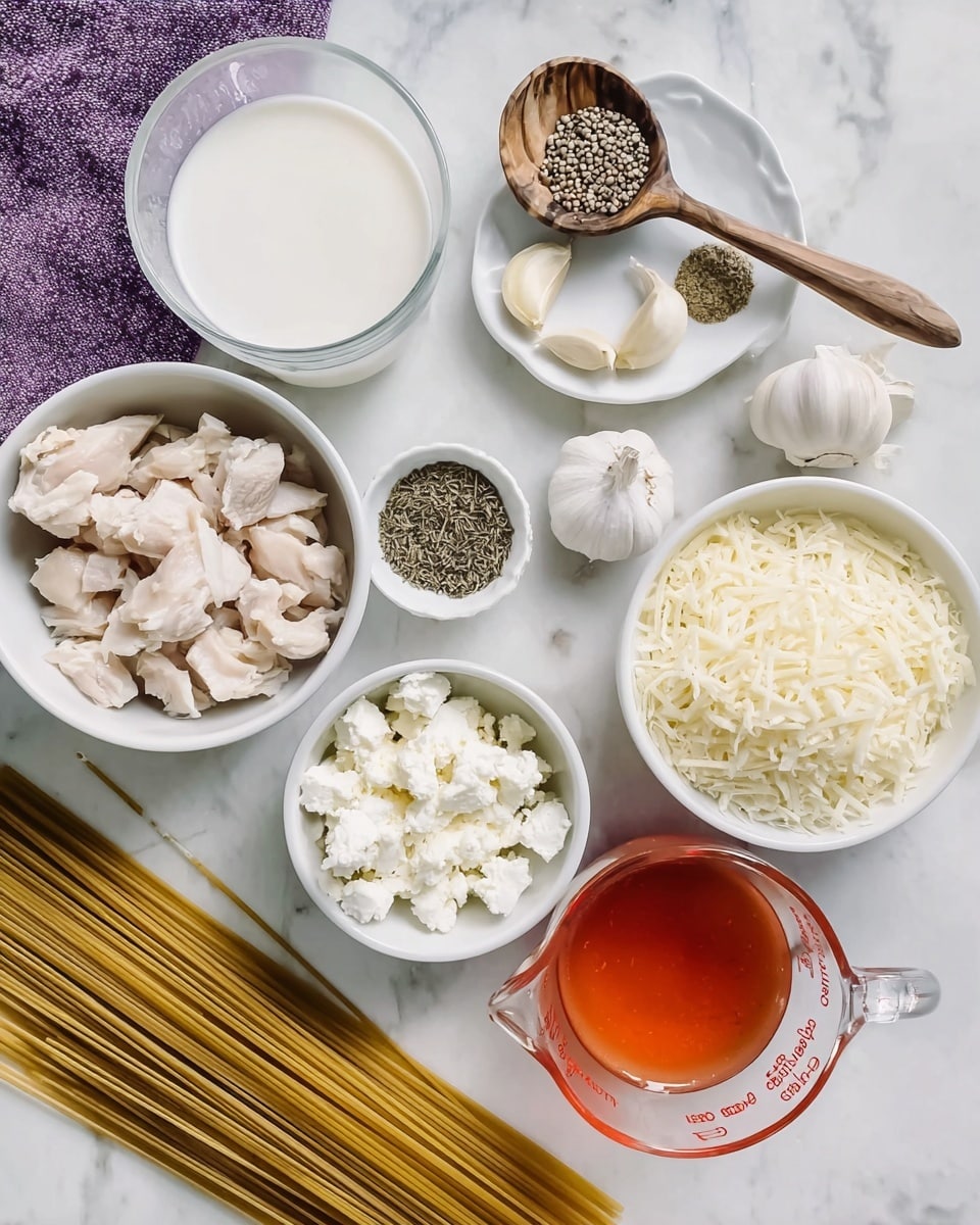 A top view shows several white bowls and clear measuring cups arranged on a white marbled surface. From top left clockwise, there's a glass cup filled with a white liquid, a wooden spoon with natural wood grain, a white plate with small piles of black pepper, dried herb, salt, and three peeled garlic cloves. Below is a small white bowl holding a white powder. To the left is a white bowl full of sliced cooked chicken pieces, next to it a white bowl with small curd cottage cheese. Above it is a white bowl filled with shredded pale yellow cheese. In the center is a clear measuring cup with a reddish-orange liquid. At the bottom left, there is a bunch of uncooked spaghetti pasta laid flat. A purple cloth can be seen on the top left edge. The photo taken with an iphone --ar 4:5 --v 7