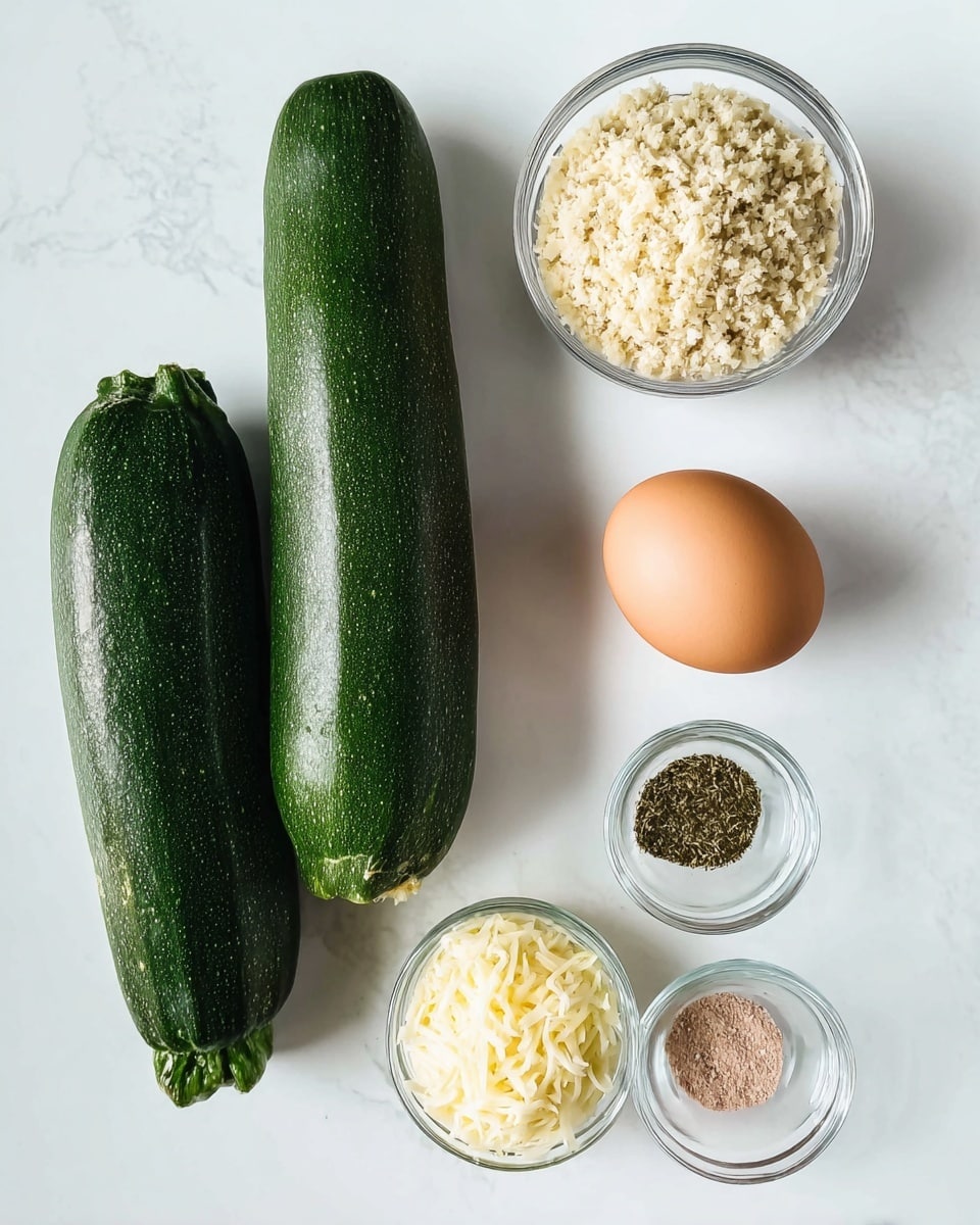 The image shows three whole zucchinis placed on a white marbled surface on the left side, their dark green skin slightly shiny with visible texture. On the right side, there are four small clear glass bowls arranged in a grid. The top right bowl contains light beige breadcrumbs with a crumbly texture. Below it, a bowl holds a single brown egg, smooth and oval-shaped. The bottom left bowl is filled with finely shredded pale yellow cheese, looking soft and fluffy. The bottom right bowl contains two small piles of spices side by side, one dark greenish-brown and the other pinkish, both with a powdery texture. photo taken with an iphone --ar 4:5 --v 7