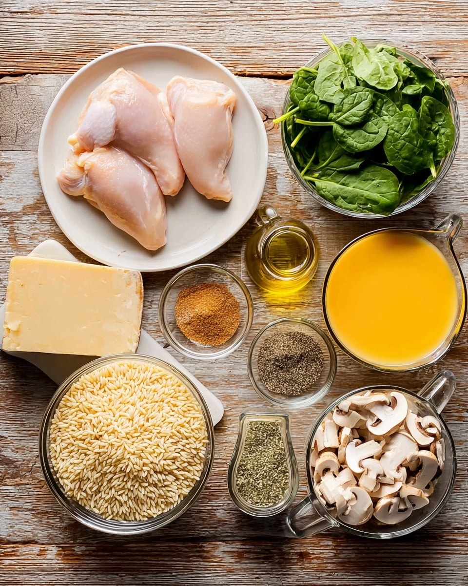 The image shows ingredients laid out on a wooden surface. On the left, there is a white plate with three pieces of raw chicken. Around the plate, there is a clear glass bowl of fresh green spinach leaves, a wedge of light yellow cheese, a small glass jar of dried herbs, and a small glass bowl of golden oil. In the center, a large clear glass bowl holds uncooked orzo rice, and next to it are two small clear bowls of ground seasonings—one light brown and the other black and white mixed. On the right, there is a clear glass bowl with sliced white mushrooms and two glass measuring pitchers filled with light yellow-orange broth and white cream, all placed on the wooden surface which is replaced by white marbled texture in the description. The arrangement is neat and inviting, showing fresh and simple ingredients for cooking. photo taken with an iphone --ar 4:5 --v 7