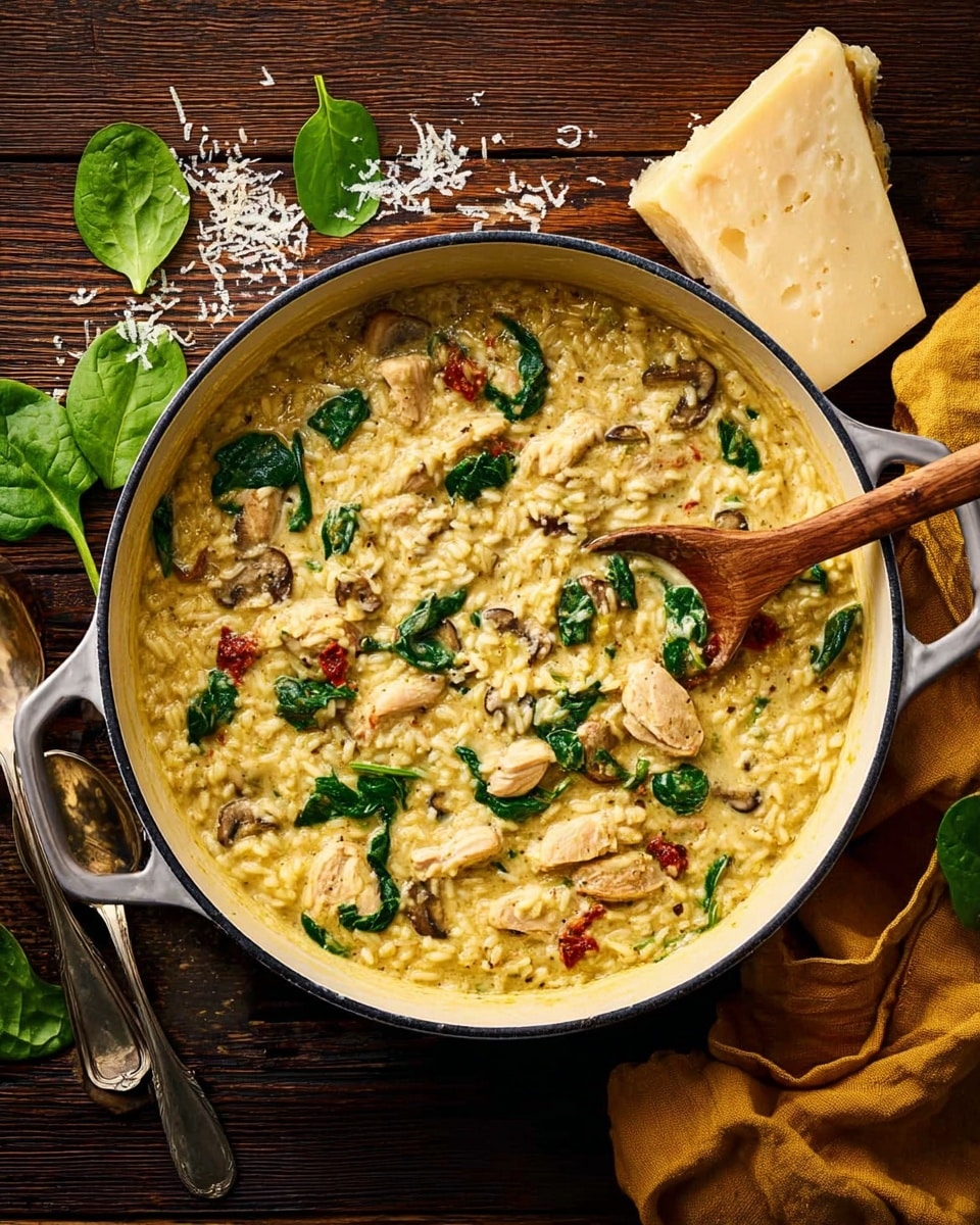 A large white pot filled with creamy yellow rice mixed with pieces of light brown chicken, dark brown mushroom slices, bright green spinach leaves, and small red bits of sun-dried tomato. A wooden spoon rests inside the pot, stirring the creamy mixture, showing a thick and soft texture. The pot is placed on a dark wooden surface next to a wedge of pale yellow cheese with a bit of grated cheese scattered nearby. Around the pot, there are fresh green spinach leaves, silver spoons, and a mustard yellow cloth napkin. The whole scene is bright and warm with natural light, emphasizing the creamy and rich texture of the dish. Photo taken with an iphone --ar 4:5 --v 7