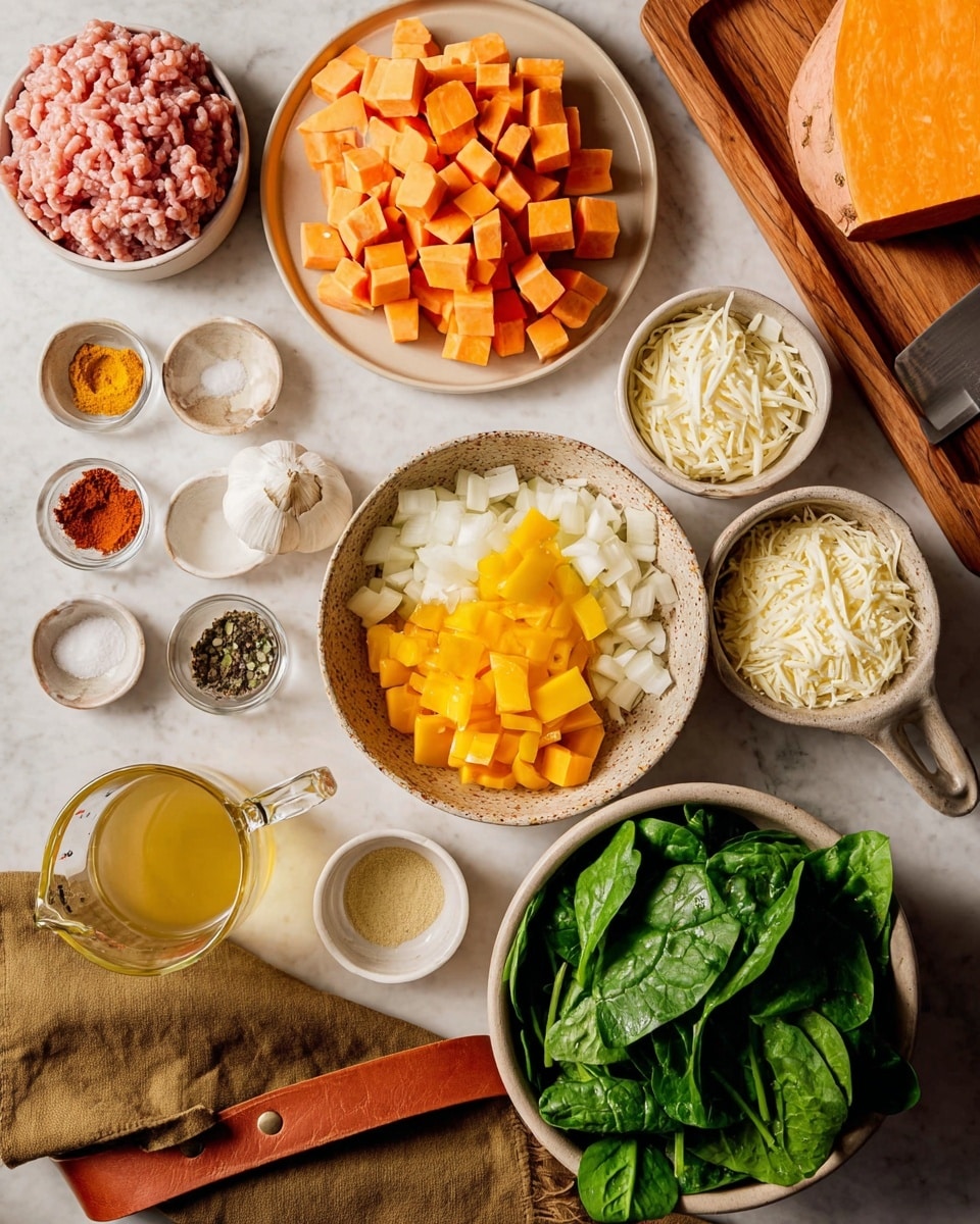 The image shows an overhead view of various ingredients neatly arranged on a white marbled surface. There is a beige plate with raw ground turkey, a beige bowl filled with bright orange sweet potato cubes, a white bowl of fresh green spinach leaves on the right side, and a white bowl of shredded mozzarella cheese next to it. A smaller beige bowl holds chopped white onions at the bottom, while a rustic bowl at the center has yellow bell pepper pieces. A glass measuring cup contains golden broth near the bottom left. Small bowls display spices in red, yellow, and brown, with separate small bowls also holding salt, pepper, olive oil, and two garlic cloves. A wooden cutting board with a chunk of unpeeled sweet potato sits at the top right part of the photo. A tan cloth with a leather strap is partly visible in the lower part of the image. Photo taken with an iphone --ar 4:5 --v 7