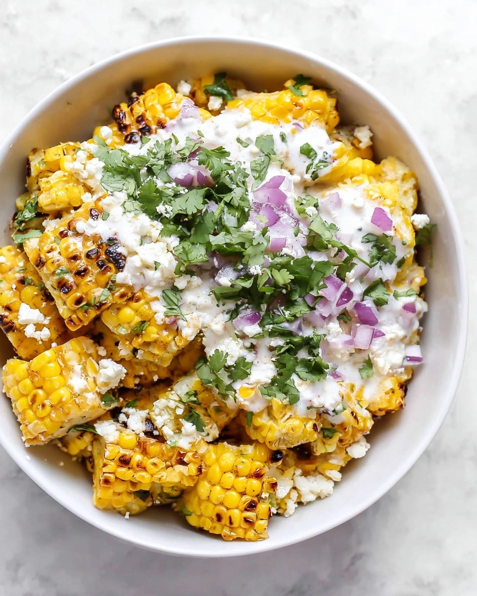 A white bowl filled with cut pieces of yellow grilled corn with some parts slightly charred. On one side, there is a thick white sauce, topped with white crumbled cheese. Chopped fresh green cilantro and small pieces of purple onion sit over the cheese, adding pops of color. The bowl is placed on a white marbled surface. photo taken with an iphone --ar 4:5 --v 7