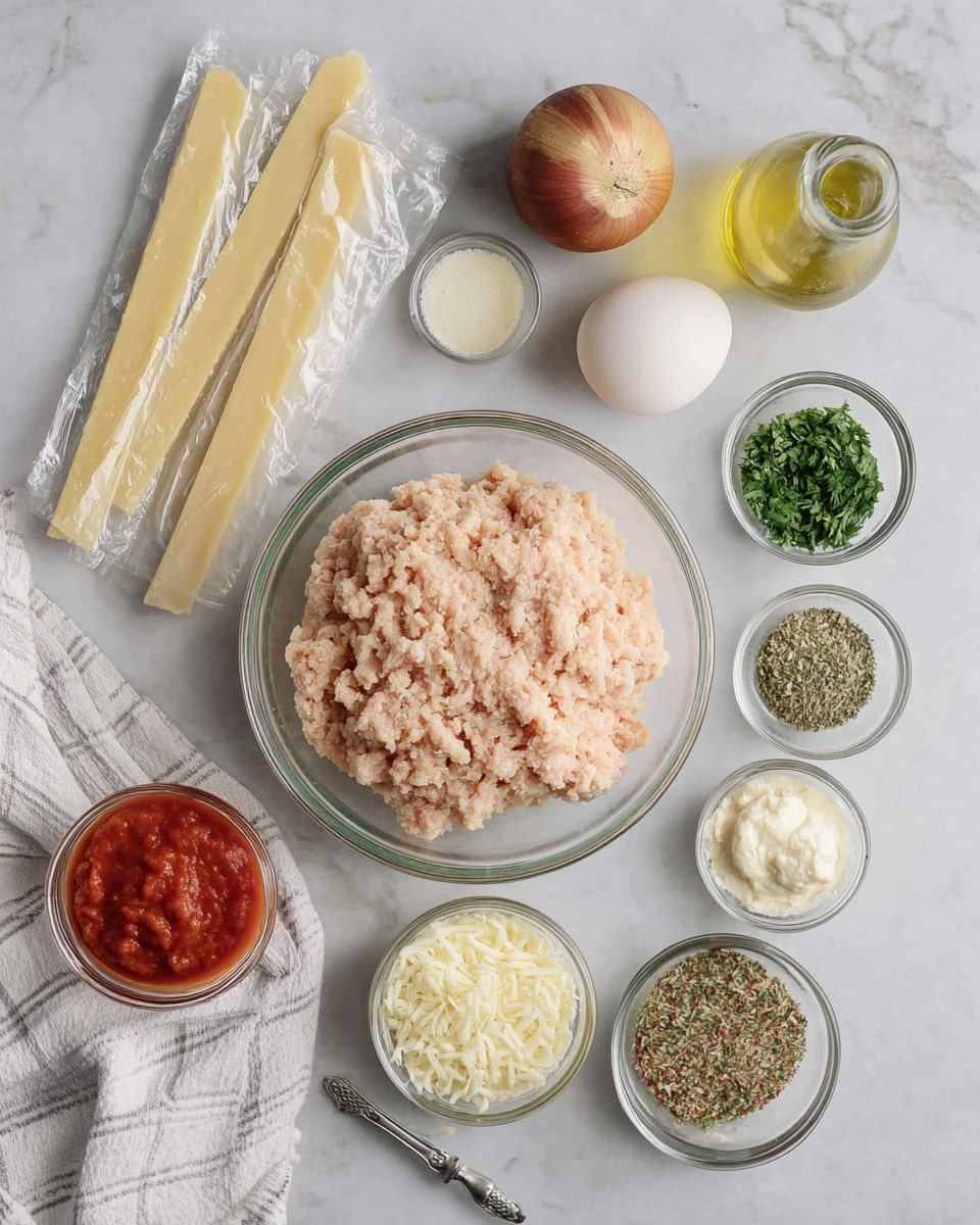 A clear glass bowl in the center holds a large amount of light pink ground chicken with a soft, textured surface. Surrounding the bowl are several small clear glass bowls and containers: to the top right, a dark beige onion, a head of garlic, and a white egg rest closely together; next to them is a small bowl filled with a dry, pale yellow breadcrumb mixture. Below, there are three sticks of pale yellow string cheese in clear plastic wrappers lined up side by side. Below the cheese, a small bowl of shredded white mozzarella cheese sits beside a small bowl of finely grated pale yellow Parmesan cheese. Next to them, there is a round jar of chunky red tomato sauce. On the left side of the main bowl, there is a small bowl with finely chopped green parsley and a small metal container holding a colorful dried herb mix with green, red, and brown bits. A bottle of clear olive oil with a yellow tint and a small glass bottle of white liquid (likely milk) are placed near the onion and garlic. All items rest on a white marbled surface with a white towel with light gray stripes placed on the left side. photo taken with an iphone --ar 4:5 --v 7