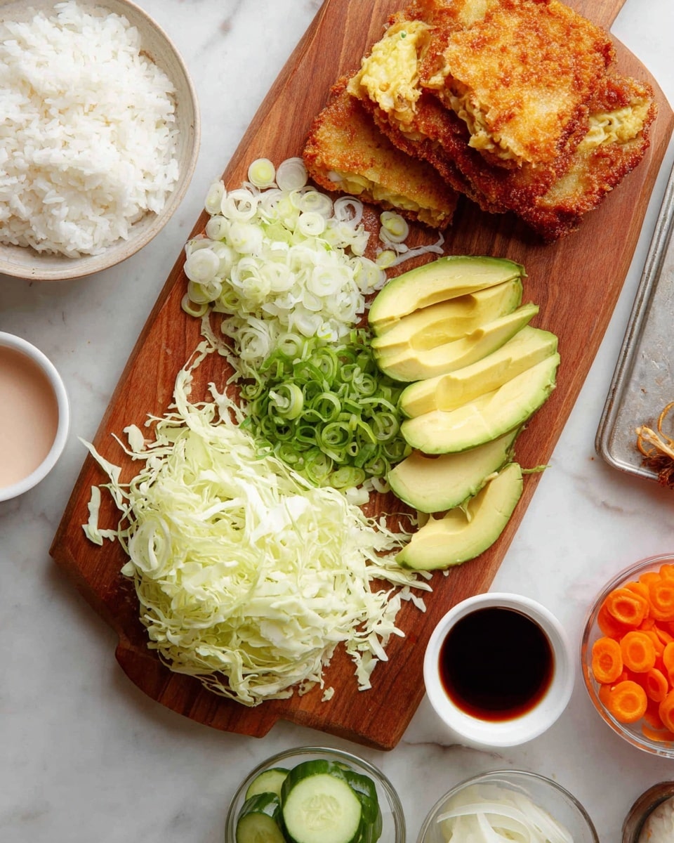 The image shows a wooden cutting board placed on a white marbled surface, with a pile of shredded light green cabbage in the bottom left part of the board, thinly sliced green scallions with white ends arranged nearby, and thick, pale yellow-green slices of avocado on the upper left side. To the upper right of the board, there are three pieces of golden, crispy fried food stacked on a metal tray. Surrounding the board, there's a white bowl filled with white rice at the bottom left, a small white bowl with a light pink creamy sauce in the top left corner, a small white cup with dark soy sauce on the right side, and a glass container of round carrot and cucumber slices at the bottom right. Photo taken with an iphone --ar 4:5 --v 7