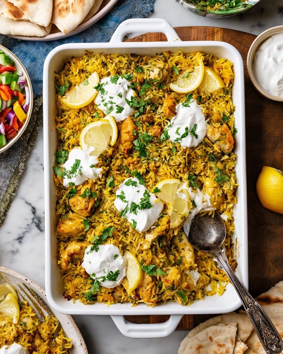 A white rectangular baking dish filled with a layered yellow rice and small chicken pieces mixed with herbs. The rice layers have a fluffy texture with hints of green herbs spread evenly through the dish. On top, there are dollops of white yogurt sauce placed in five spots, each topped with fresh green parsley leaves. Thin lemon slices decorate the surface, adding a bright yellow contrast. The dish sits on a white marbled surface with a wooden cutting board partially visible underneath. Around the dish, there are white plates with pita bread, lemon slices, a small white bowl of yogurt sauce, and a colorful vegetable salad. A metallic spoon with a dark rustic handle is placed inside the dish. Photo taken with an iphone --ar 4:5 --v 7