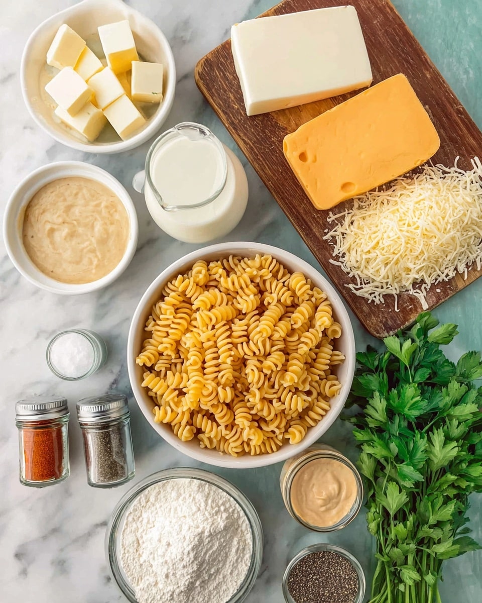 A white bowl filled with uncooked small spiral pasta sitting on a white marbled surface. Around it are several ingredients: a small white bowl with three cubes of butter in the top left, nearby a white container with salt. Above the pasta, a wooden board holds three blocks of cheese in different colors—yellow, off-white, and a marbled orange-white—with shredded cheese scattered next to them. To the right of the pasta are fresh green parsley leaves. Below parsley is a glass measuring cup filled with milk. In the bottom center, a small white bowl holds a swirled beige mustard sauce. Two glass spice jars, one with white powder and one with red powder, lie to the lower left of the pasta. A small clear dish with white flour is near the bottom left, with a round container filled with black pepper at the bottom center. photo taken with an iphone --ar 4:5 --v 7