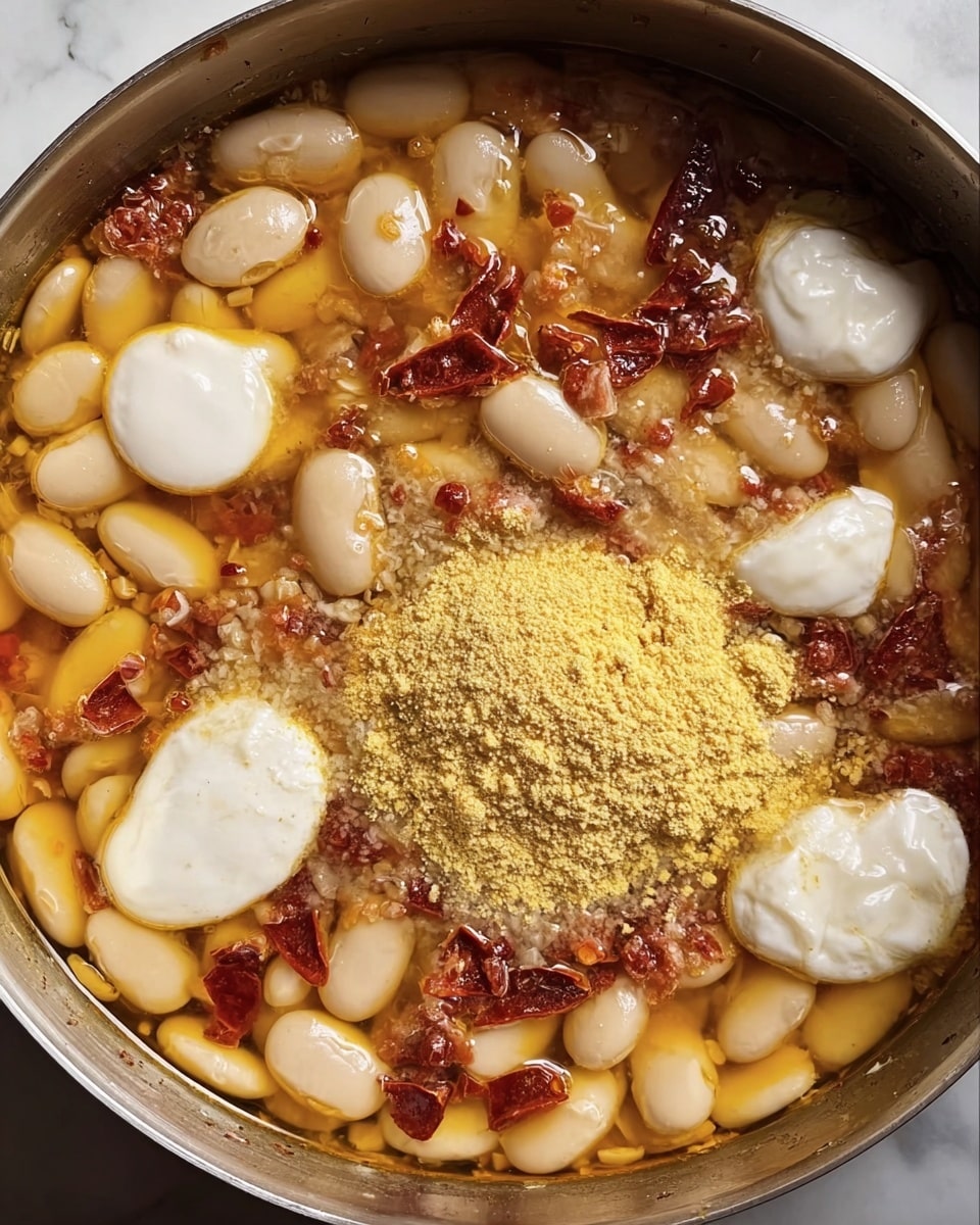 A close-up view of a pan filled with white beans soaking in a yellowish broth mixed with small chunks of reddish bits that look like dried peppers or seasoning. There are four white dollops of creamy substance on top scattered in different spots. In the center, there is a heap of fine, yellow powder, partially dissolved in broth. The beans are plump with smooth textures and occupy the bottom left and right parts of the pan. The surface of the broth has oily spots reflecting the light. The pan sits on a white marbled surface. Photo taken with an iphone --ar 4:5 --v 7