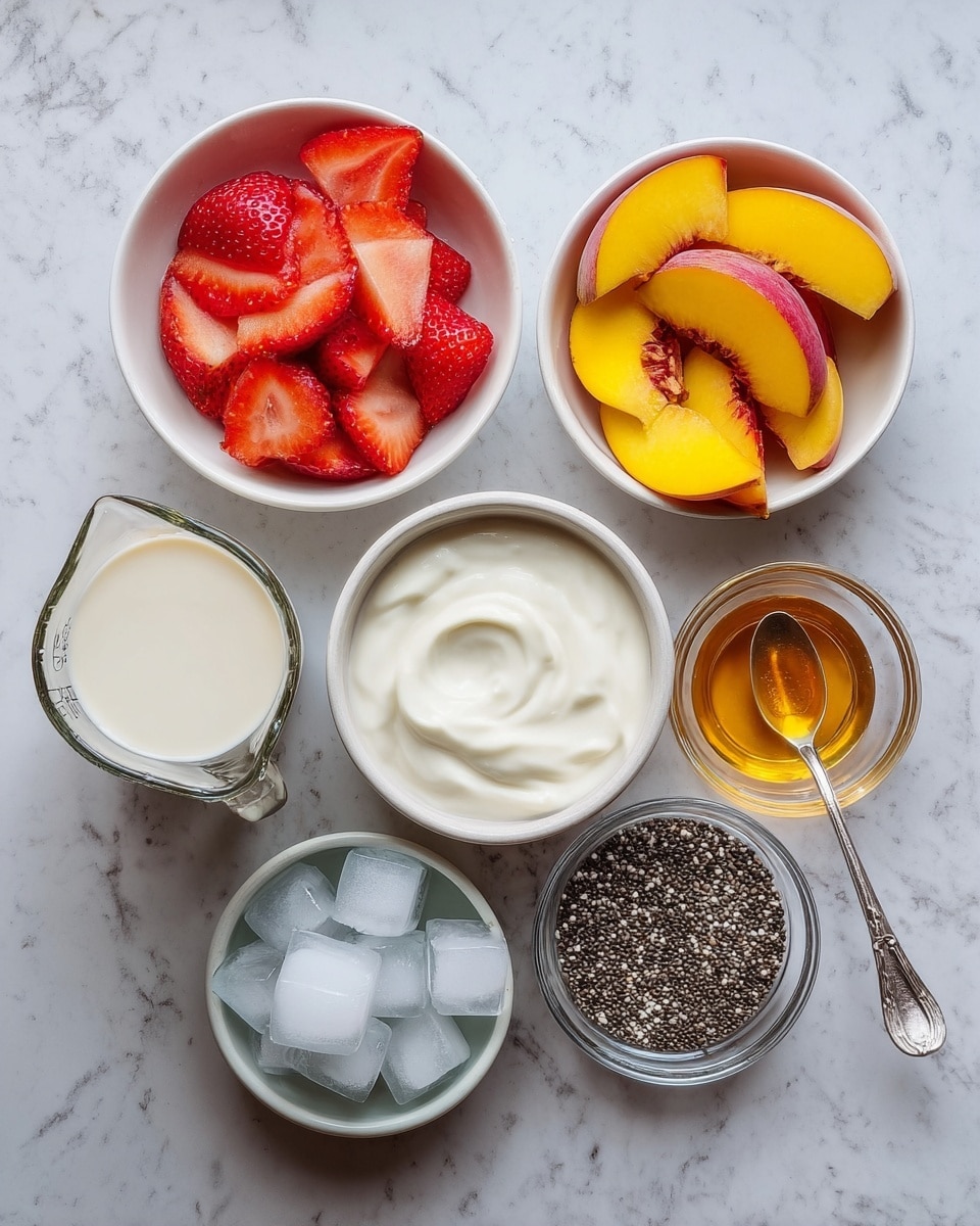 The image shows six bowls and a small glass container arranged on a white marbled surface. The top left bowl is white and filled with bright red strawberry slices. Next to it, on the top right, is a white bowl with yellow peach slices that have a hint of red near the center. In the middle, there is a white bowl with smooth, thick white yogurt. Below the strawberries is a clear glass measuring cup filled with pale milk. To the right of the yogurt is a small clear glass filled with golden honey, with a silver spoon holding a small amount of honey resting beside it. Below the milk is a white bowl holding clear, solid ice cubes. Finally, on the bottom right, a clear glass bowl is filled with small black and white chia seeds, with a few scattered on the surface. The photo taken with an iphone --ar 4:5 --v 7