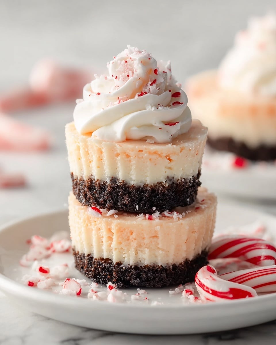 The image shows two mini cheesecakes stacked on a white plate. Each cheesecake has three layers: a dark brown crumbly base, a creamy light peach middle, and the top cheesecake is decorated with a swirl of white whipped cream sprinkled with small red and white candy bits. Around the plate are a few whole red and white striped peppermint candies and crushed candy pieces scattered on the white marbled surface. The soft lighting highlights the smooth and textured parts of the dessert. photo taken with an iphone --ar 4:5 --v 7