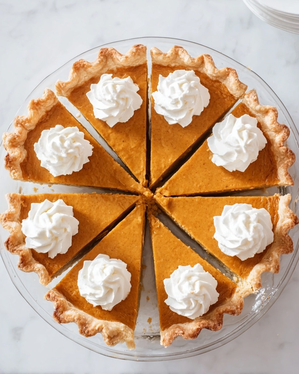 A pumpkin pie cut into eight slices sits on a clear glass pie dish. The pie has a golden-brown crust with wavy edges that hold a smooth, orange pumpkin filling. On top of each slice, there is a swirl of white whipped cream, evenly spaced near the crust edge. The pie and dish rest on a white marbled surface, giving a clean, bright background. photo taken with an iphone --ar 4:5 --v 7