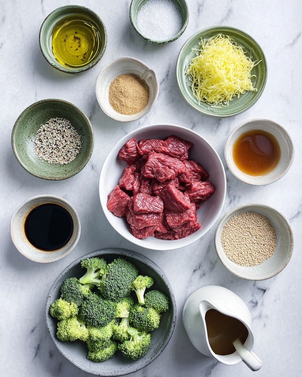 The image shows several small white bowls and dishes arranged on a white marbled surface, each containing different ingredients for cooking. In the center is a white bowl filled with raw bright red beef strips. Below this is a gray bowl with green broccoli florets. Surrounding these are small bowls with various spices and liquids: light yellow shredded ginger in two bowls at top and right, a small bowl of white powder above the beef, a small green dish with salt and black pepper to the left, and different sauces and seeds like golden oil, dark soy sauce, sesame seeds, light brown sugar, and a reddish-brown sauce in a white jug. The set up is neat and bright, showing clear textures of fresh and raw ingredients. photo taken with an iphone --ar 4:5 --v 7