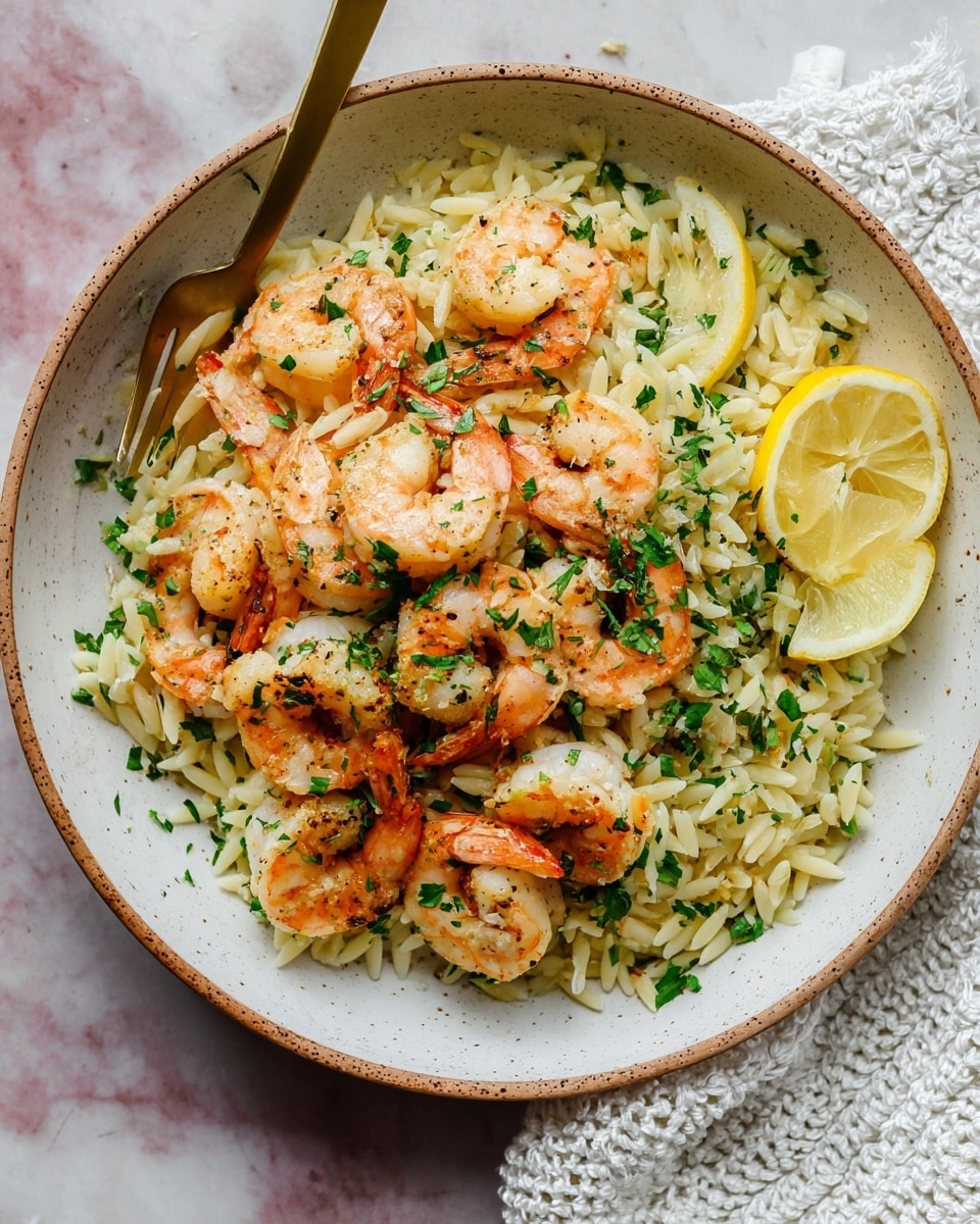 A white bowl filled with a layer of small, rice-shaped pale yellow pasta mixed with chopped green herbs. On top, several pinkish-orange shrimp with a firm texture are placed, some showing a light char and garnished with finely chopped green herbs. Two lemon wedges with a pale yellow color and light seeds rest near the edge of the bowl. A white marbled surface is visible around the bowl with a textured white cloth in one corner. Photo taken with an iphone --ar 4:5 --v 7