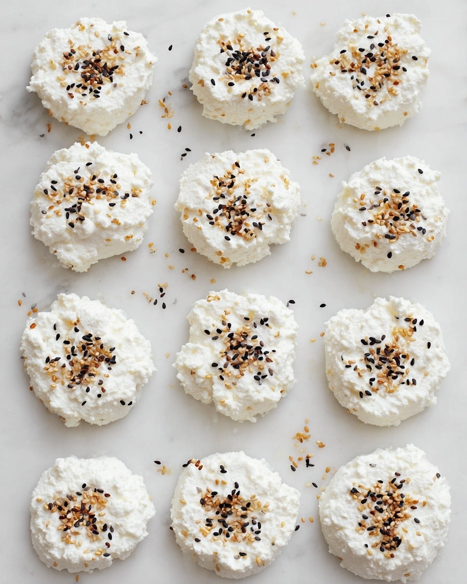 The image shows twelve small round white cottage cheese piles placed in a 4x3 grid on a white marbled surface. Each pile has a rough texture with soft, small curds and is topped with a sprinkling of black and light brown sesame seeds and small dried bits. The cottage cheese shapes are slightly uneven, with some edges irregular, but all roughly circular and about the same size. The lighting is bright and natural, highlighting the creamy whites and the contrasting tiny dark and golden seed pieces. photo taken with an iphone --ar 4:5 --v 7