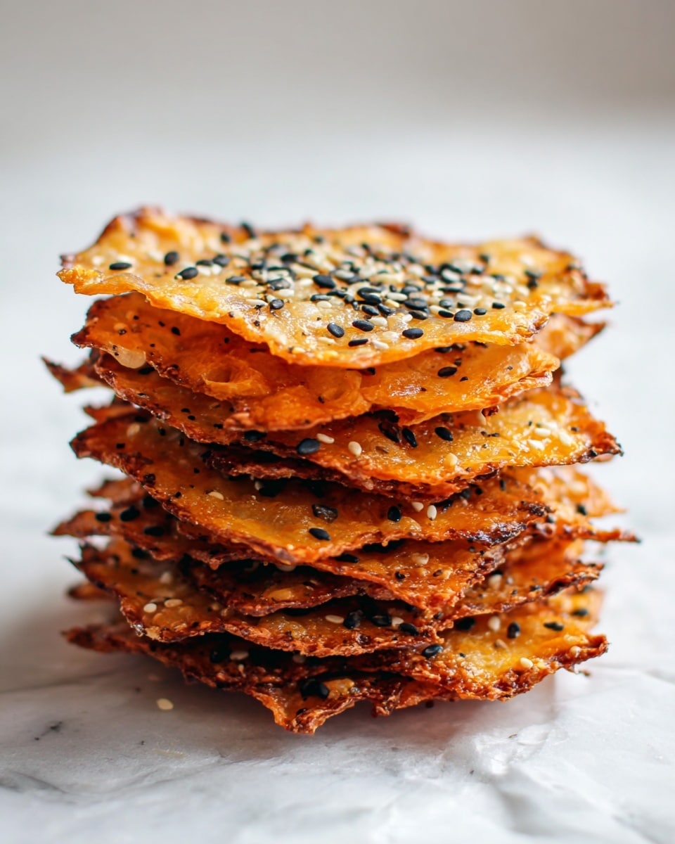 A stack of thin, crispy cheese crackers with about eight layers is shown on a white marbled surface. Each cracker has an orange-golden color with dark brown edges, showing a crunchy texture. Black and white sesame seeds are scattered on the top of the stack, adding contrast and detail. The crackers have an irregular, slightly wavy shape and are stacked unevenly, giving a natural and rustic look. The background is soft and out of focus, keeping the attention on the stack. photo taken with an iphone --ar 4:5 --v 7