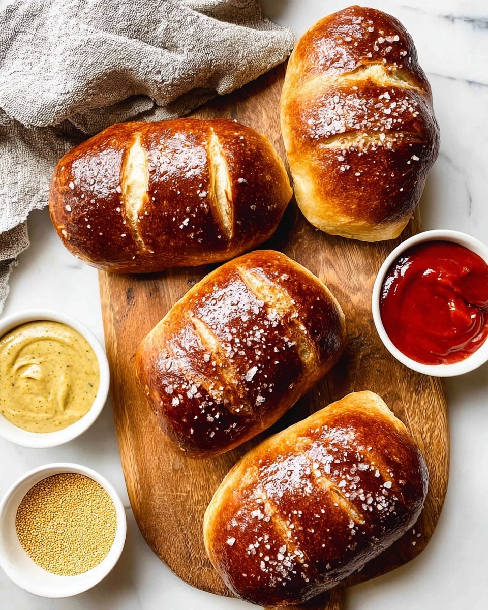 Five dark brown baked rolls with a glossy surface and sprinkled coarse salt are placed on a wooden board and white marbled surface, showing three shallow diagonal cuts revealing lighter soft dough inside. To the top right of the rolls, there is a small white bowl filled with thick bright red sauce, and to the bottom left, a small white bowl with grainy yellow mustard sauce. A light gray cloth is partially shown top left. The whole scene has a bright and clean look. Photo taken with an iphone --ar 4:5 --v 7