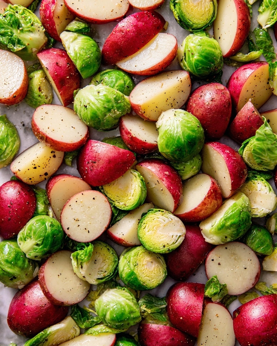 The image shows a close-up of a mix of red potatoes and Brussels sprouts, both cut into halves or quarters. The potatoes have a smooth white inside and a bright red skin, while the Brussels sprouts are bright green with a layered, leafy texture inside and outside. The vegetables are spread evenly, showing a fresh and slightly shiny surface with a light sprinkle of black pepper. The background is a white marbled surface. Photo taken with an iphone --ar 4:5 --v 7