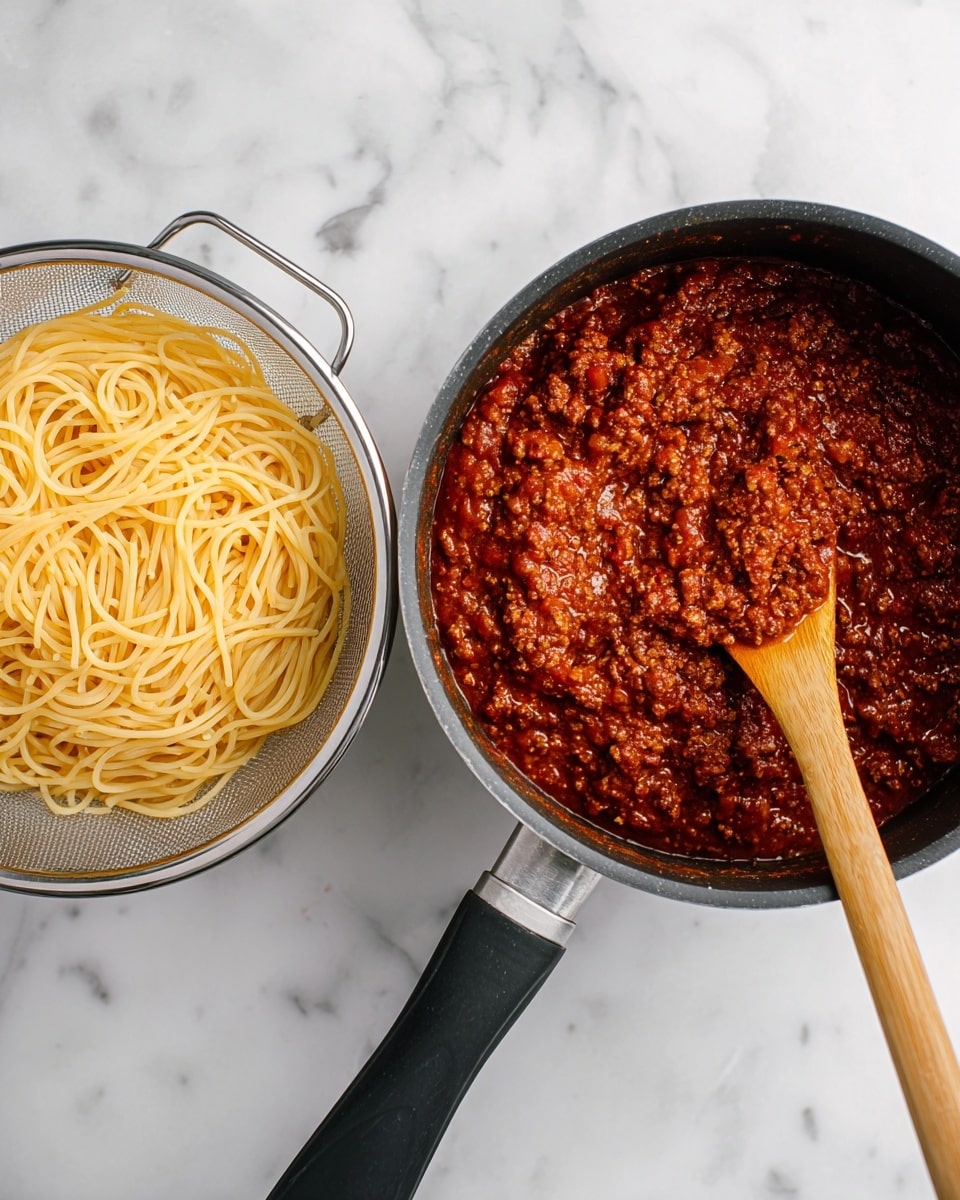 The image shows two main parts on a white marbled surface: on the left side, a silver mesh colander filled with cooked light yellow spaghetti noodles that have a smooth texture and are loosely piled in layers; on the right side, a black pot filled with rich, chunky, dark red meat sauce with visible bits of ground meat and small vegetable pieces, stirred by a wooden spoon with a smooth handle resting inside the pot; the pot has a black handle with a silver base. Photo taken with an iphone --ar 4:5 --v 7