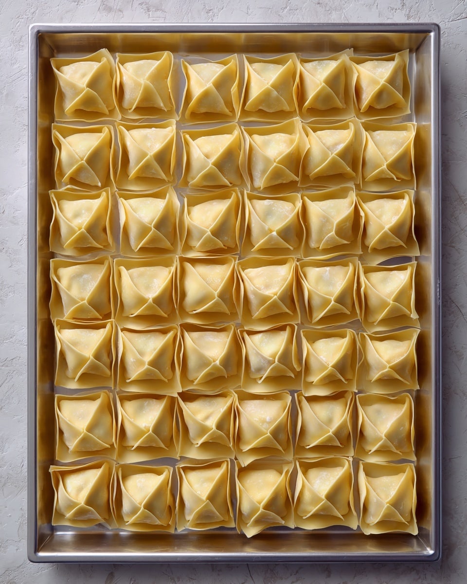 The image shows a baking tray filled with rows of uncooked wontons. Each wonton has a square shape with four corners folded up to form a pocket, with soft, light yellow dough that looks smooth and slightly thin. The won tons are arranged neatly in lines on a gray baking tray, with each piece evenly spaced apart. The background is a white marbled surface, keeping the focus on the uniform, uncooked wontons. photo taken with an iphone --ar 4:5 --v 7