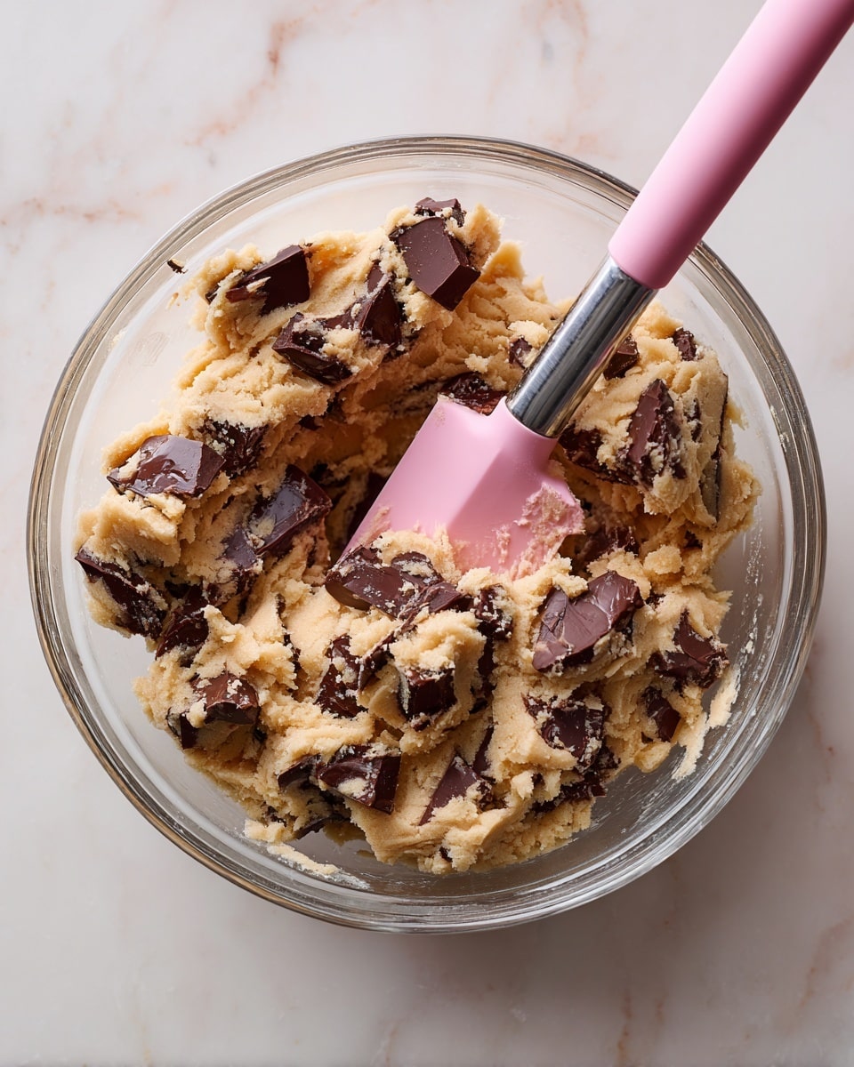 A clear glass bowl holds a thick, soft light brown cookie dough mixed with large dark chocolate chunks spread evenly throughout. A pale pink silicone spatula with a silver handle is partly submerged, lifting some dough in the bowl's center. The bowl sits on a white marbled surface. photo taken with an iphone --ar 4:5 --v 7