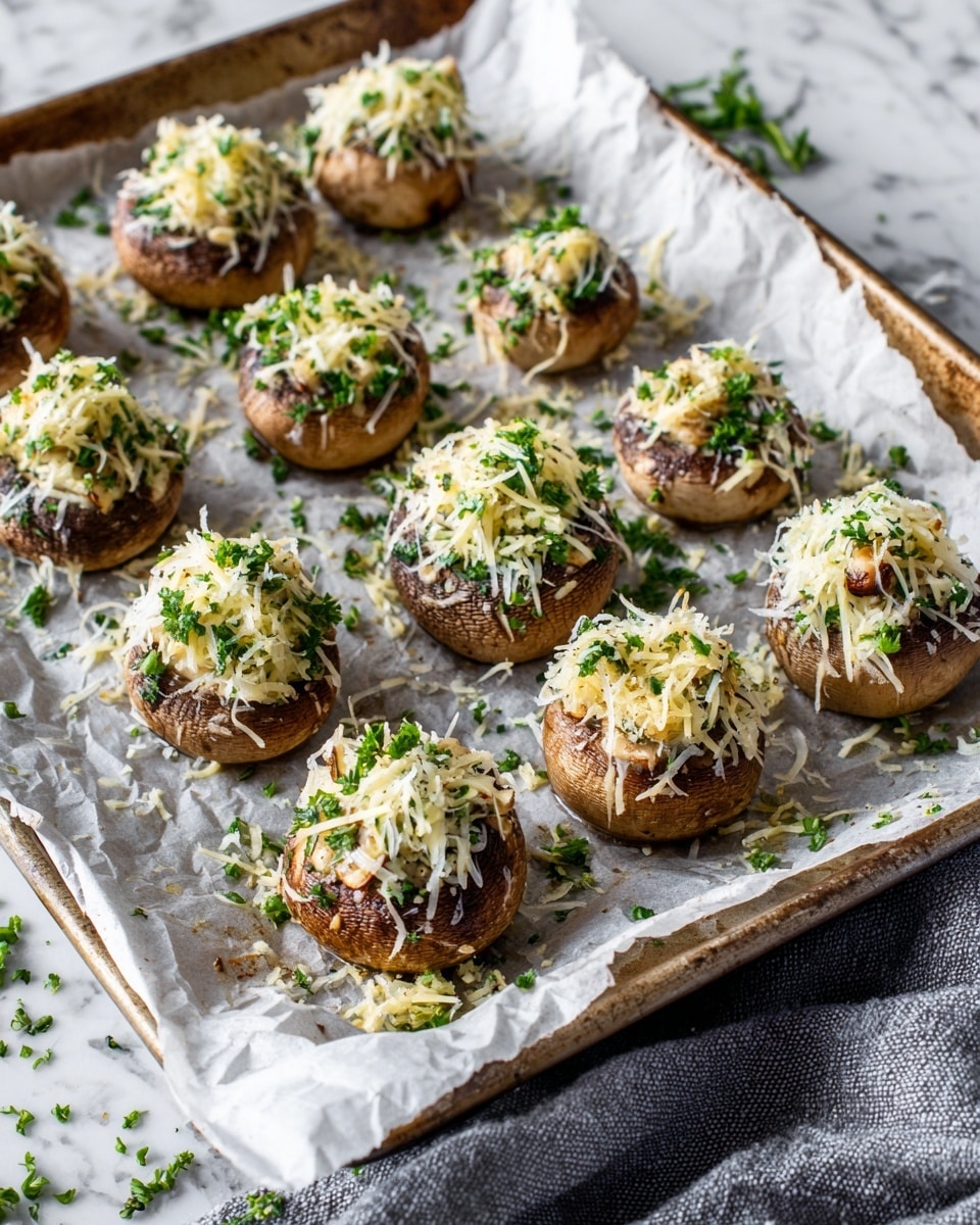 The image shows a metal baking tray lined with white paper, placed on a white marbled surface. On the tray are two neat rows of round, brown mushrooms, each topped with a layer of finely shredded white cheese mixed with small pieces of green herbs and bits of a darker, sun-dried ingredient. The mushrooms have a textured, slightly rough skin, and the toppings are generously piled, spilling a little onto the paper. Scattered around the mushrooms on the tray are more small bits of green herbs and the shredded cheese mix. In the lower right corner, part of a soft, folded gray cloth napkin is visible. The overall scene looks clean and ready for baking. photo taken with an iphone --ar 4:5 --v 7