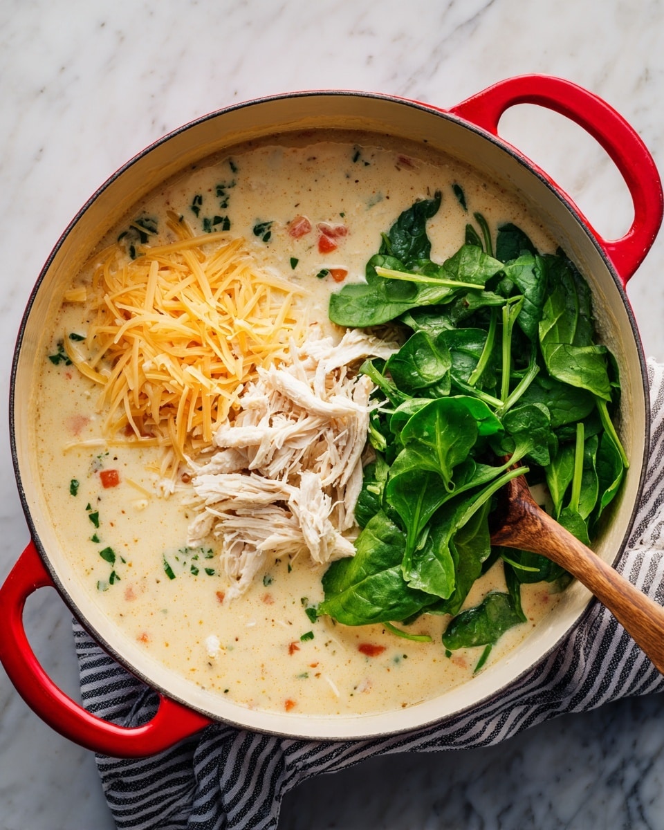 A white enameled pot with bright red handles sits on a white marbled surface, filled with a creamy light beige soup base that has small carrot bits visible inside. The soup is topped with three clear sections: a mound of fine grated light yellow cheese on the left, a pile of shredded light pink cooked chicken just below the cheese, and a large bunch of fresh bright green spinach leaves on the right, partially stirred in with a long wooden spoon resting along the right edge of the pot. A striped cloth is placed under the pot handle for contrast. Photo taken with an iphone --ar 4:5 --v 7