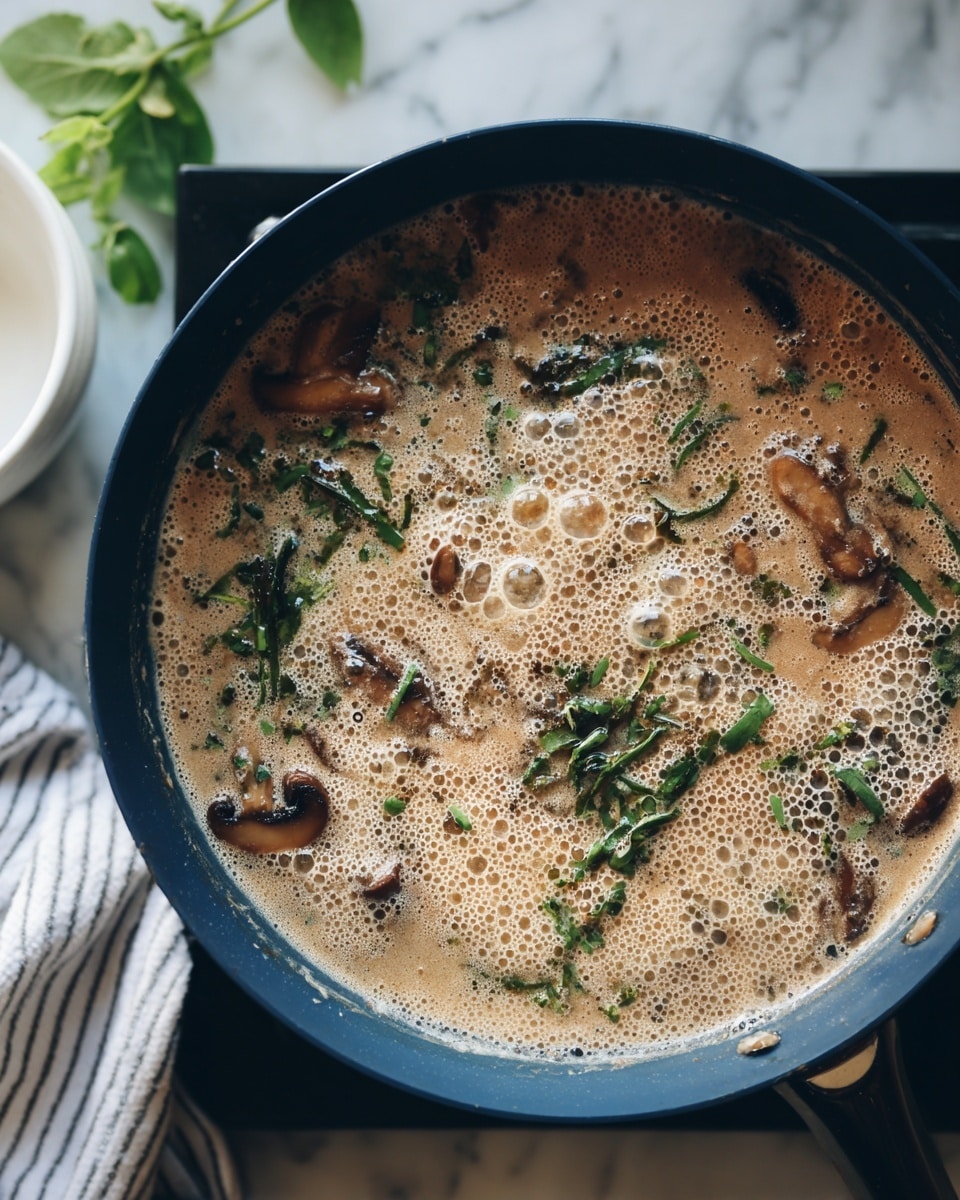 A deep dark blue pan filled with a bubbling creamy light brown sauce with visible pieces of sliced brown mushrooms and chopped green herbs scattered throughout. The sauce has white foam swirling on the surface, showing it is cooking. The pan sits on a black stove top, with a white marbled surface below. In the background, a white bowl is partly visible at the top edge and green leaves and a striped cloth are near the bottom right corner. photo taken with an iphone --ar 4:5 --v 7