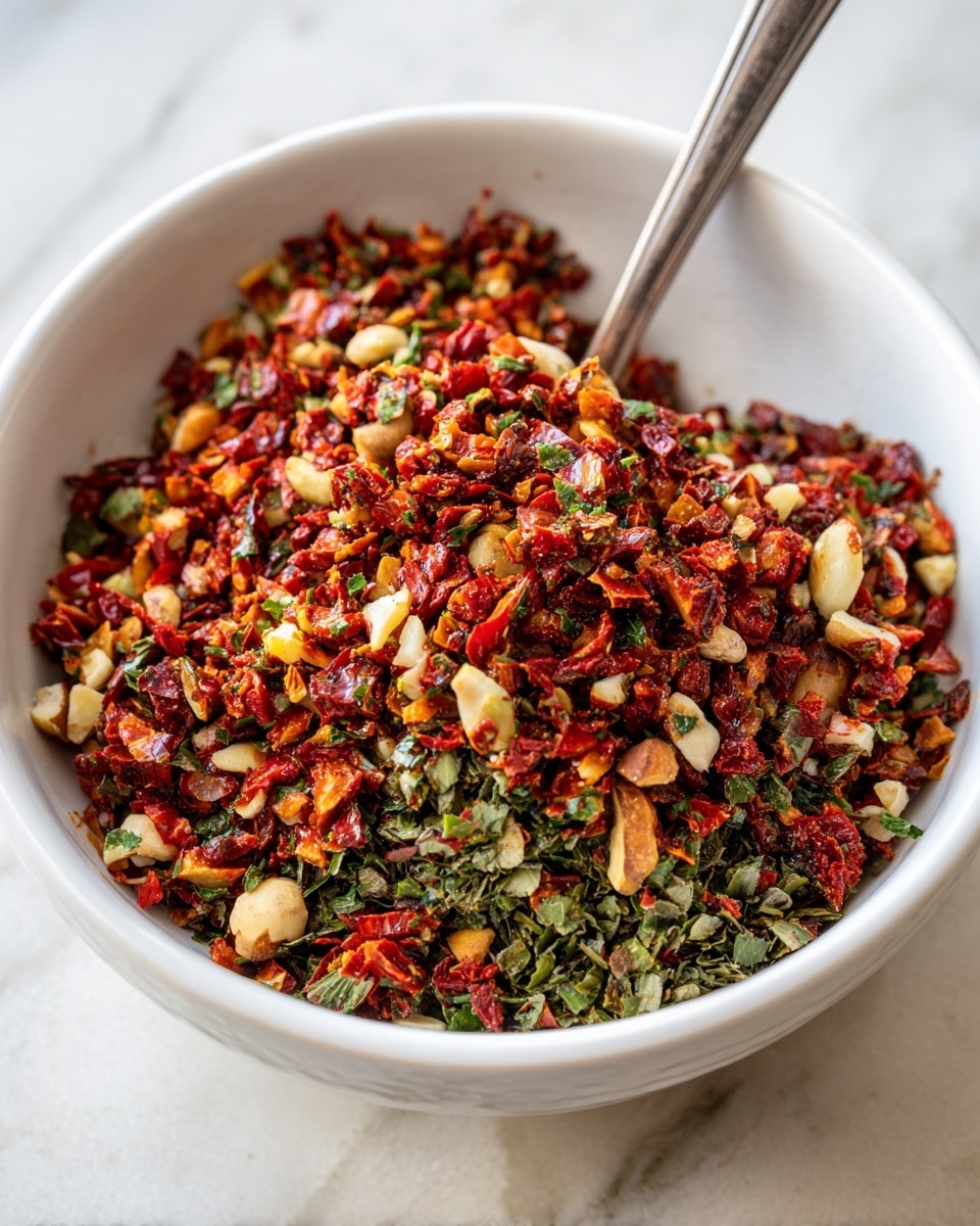 A white bowl filled with a mix of finely chopped red and green ingredients, with bits of nuts scattered throughout. The red pieces are bright and slightly chunky, while the green parts look like dried herbs giving a rough texture. A silver spoon is resting inside the bowl on the right side. The bowl is placed on a white marbled surface. photo taken with an iphone --ar 4:5 --v 7