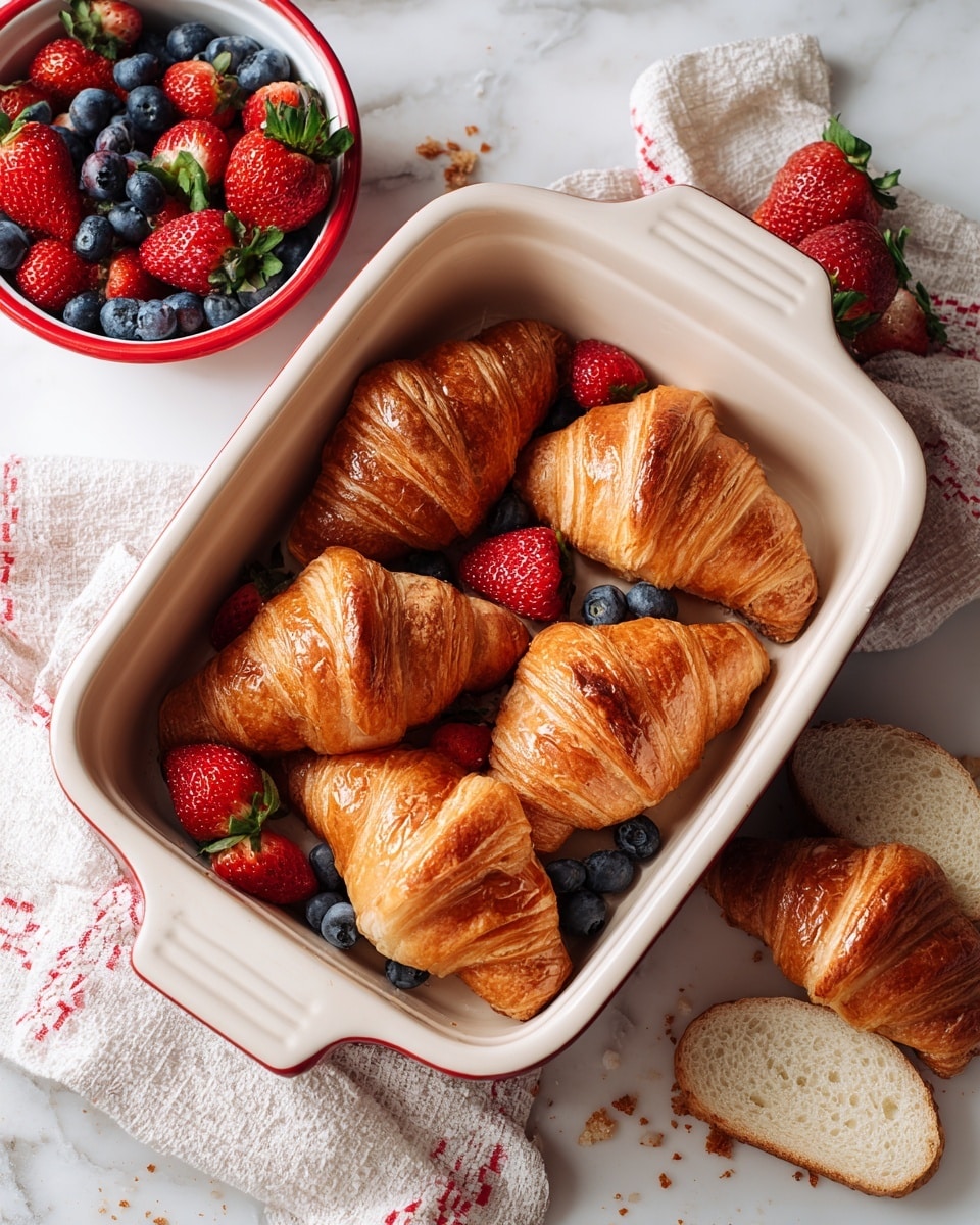 The image shows a white and red ceramic baking dish filled with a mix of golden brown croissants and light beige slices of bread arranged in an overlapping pattern inside. Around the dish, there are two whole croissants and a few slices of the same light beige bread close together on a white marbled surface. To the right, a white bowl with a red rim is filled with a bright mix of blueberries and chopped strawberries. Fresh strawberries in a clear container are placed to the top left, and a white and red patterned cloth is partly visible beneath the baking dish. Crumbs are scattered lightly on the white marbled surface. photo taken with an iphone --ar 4:5 --v 7