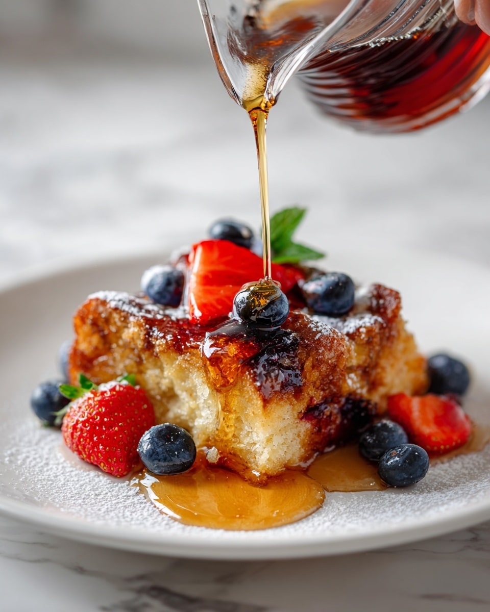 A white baking dish with red handles is filled with three thick golden-brown layers of flaky bread, each layer slightly folded and puffed up. Bright red sliced strawberries and whole dark blue blueberries are scattered between and on top of the bread layers. A light dusting of powdered sugar covers the surface, adding a fine white texture. Next to the dish, there are whole fresh strawberries with green leaves and a white bowl filled with a smooth red sauce. The scene is set on a white marbled surface. photo taken with an iphone --ar 4:5 --v 7