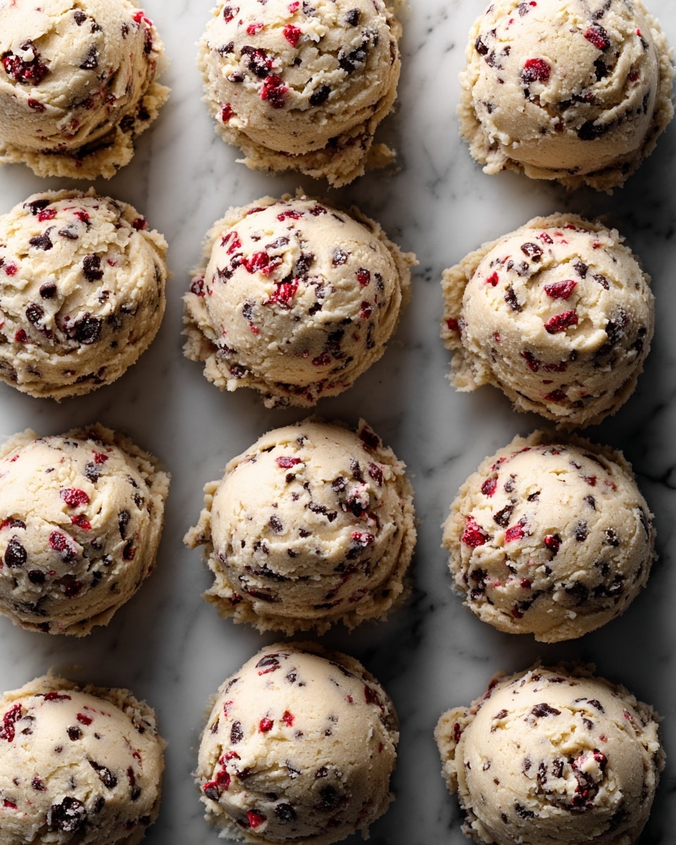 The image shows twelve rounded scoops of cookie dough arranged in four rows of three on a white marbled surface. Each scoop is creamy beige with small dark chocolate bits and tiny red candy pieces mixed throughout. The texture looks soft and slightly crumbly, with some bits sticking out irregularly. The cookie dough balls are close together, with slight touching points and rough edges that suggest they were scooped quickly. The photo taken with an iphone --ar 4:5 --v 7