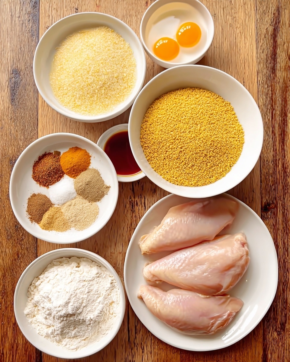 A white plate at the bottom holds three raw chicken pieces, pale pink and smooth in texture. Above, there are five white bowls arranged neatly on a wooden surface. The largest bowl is filled with bright yellow breadcrumbs, while a slightly smaller bowl to its left has a fine pale yellow powder resembling grated cheese. To the right of the yellow breadcrumbs is a small bowl with a dark reddish-brown liquid. Next to it, above the chicken, is a bowl with two raw eggs, the yolks shiny and golden. Above the eggs, a bowl contains white flour with a powdery and soft texture. Finally, the top left bowl holds three small piles of different spices in light brown and beige tones with one spot of reddish-orange powder. photo taken with an iphone --ar 4:5 --v 7