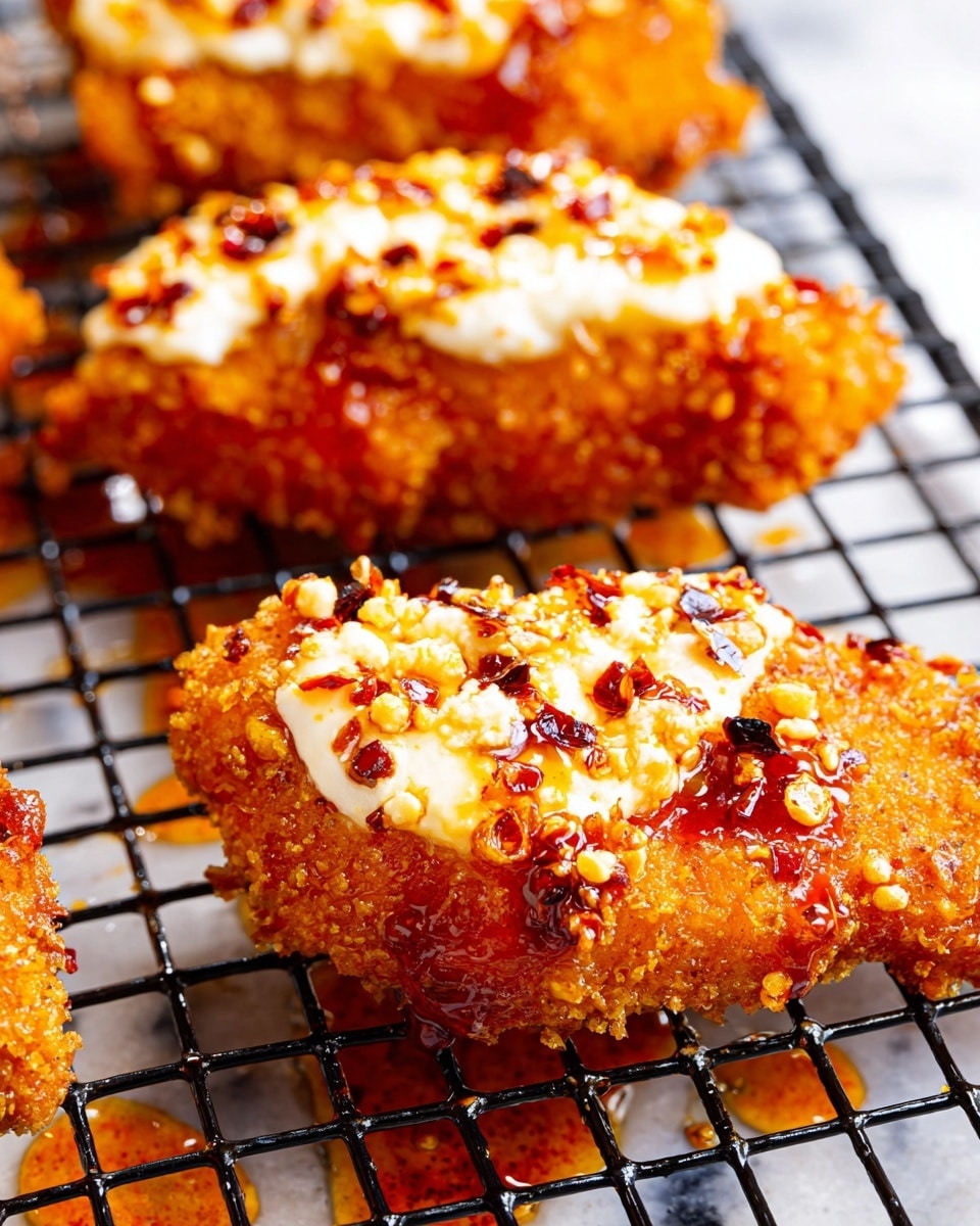 The image shows close-up pieces of golden brown crispy fried chicken topped with a thick layer of creamy white cheese. The cheese is unevenly spread and slightly melted on the warm chicken, with visible red chili flakes and a drizzle of shiny red chili oil creating a glossy, spicy finish on top. The chicken pieces rest on a black wire rack with some chili oil pooling below, and the background has a white marbled texture. photo taken with an iphone --ar 4:5 --v 7