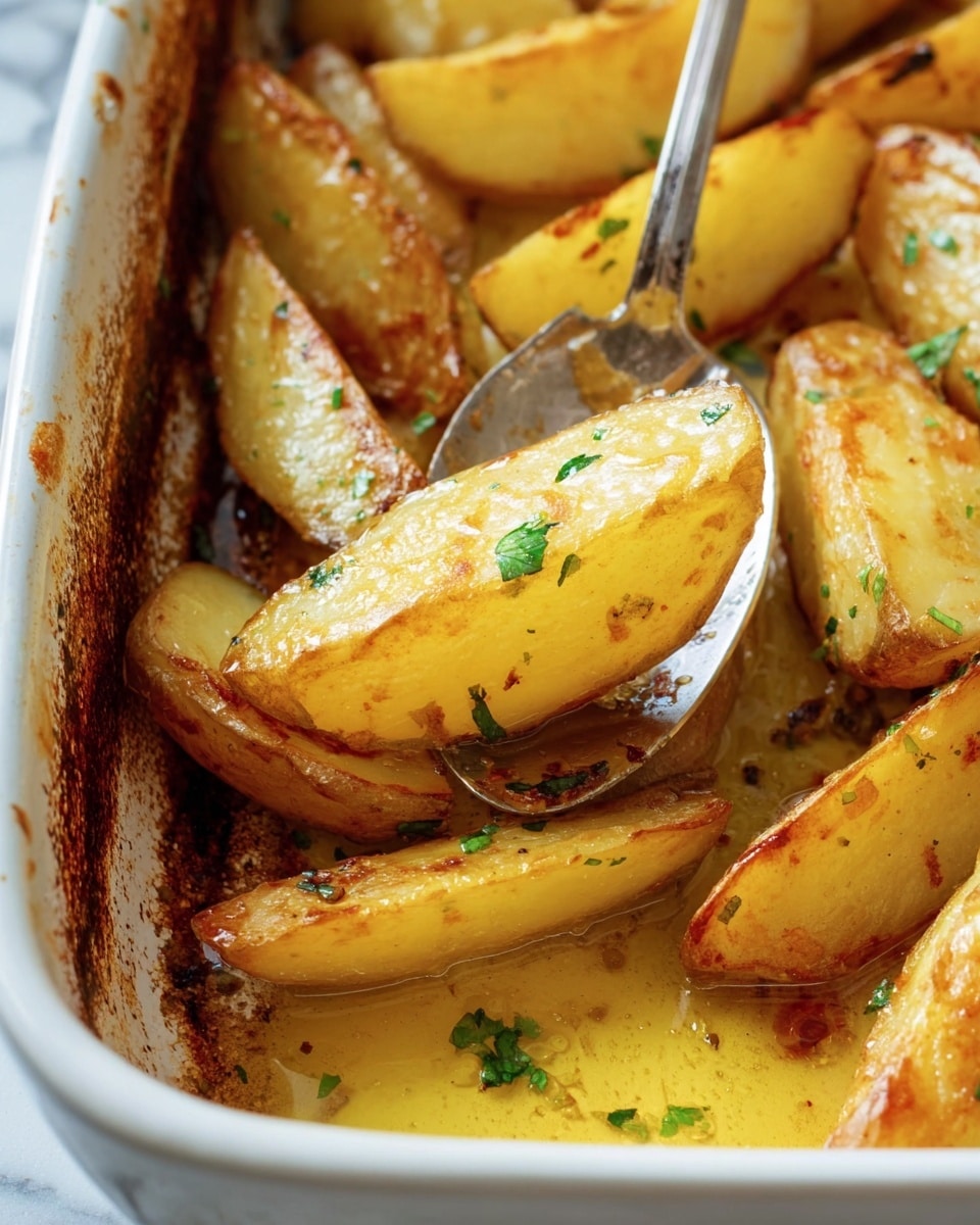 The image shows a close-up of golden roasted potato wedges in a white baking dish. The potatoes have a light yellow color with some parts browned and crisped from roasting. A shiny silver spoon holds one potato wedge, which looks soft inside with a slightly crispy edge. Tiny green parsley flakes are sprinkled over the potatoes. Cooking oil with a golden tint covers the bottom of the dish, reflecting light. The edges of the white baking dish have brown baked-on marks, showing it was used for roasting. The photo background has a white marbled texture. photo taken with an iphone --ar 4:5 --v 7