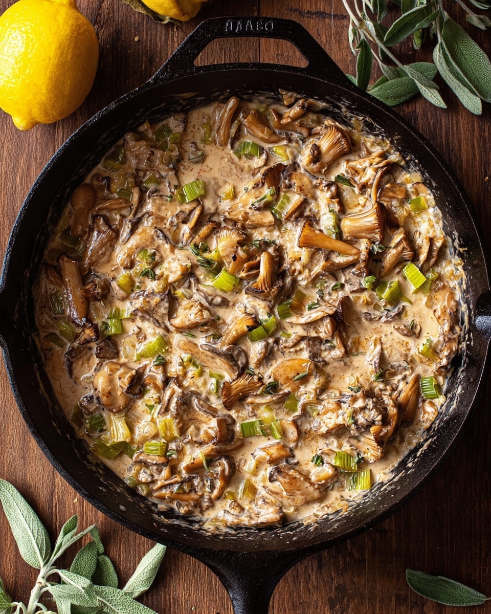 A black cast iron pan filled with a creamy mushroom sauce that has three main layers: large light brown oyster mushroom pieces mixed with small diced pale green and white leeks floating in a thick light beige cream sauce, covering the entire pan evenly. The sauce has a rich texture with visible small bits of onion throughout. The pan rests on a warm brown wooden surface with a few green sage leaves scattered nearby and a bright yellow lemon on the left side. The lighting highlights the creamy and slightly shiny sauce surface, making the mushrooms and leeks stand out. Photo taken with an iphone --ar 4:5 --v 7