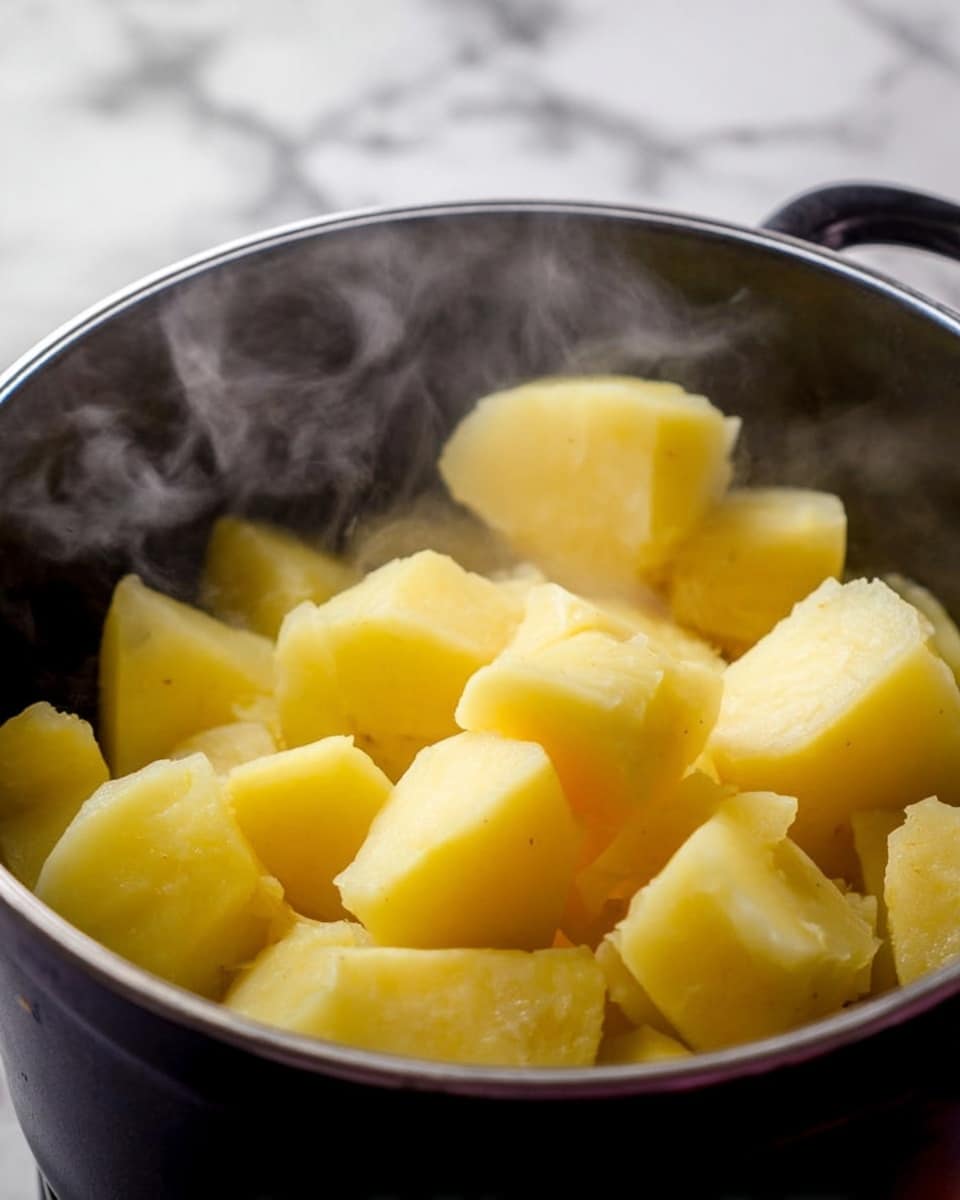 The image shows a close-up of a black pot filled with chunks of yellow boiled potatoes. The potato pieces vary in size and shape, with smooth textures and some showing peeled surfaces. Steam rises from the hot potatoes, giving a fresh, warm feeling to the scene. The background is a white marbled texture. photo taken with an iphone --ar 4:5 --v 7