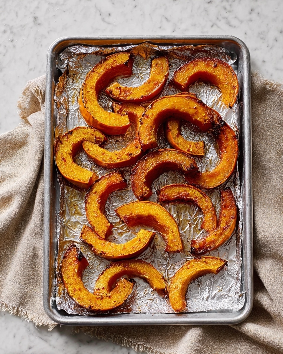 A metal tray lined with crinkled foil is filled with about sixteen slices of roasted orange squash arranged loosely across the surface. Each slice is crescent-shaped with crispy, browned edges and a tender, glossy interior that shows some caramelization. The tray sits on a soft beige cloth over a white marbled surface, adding a warm, homey feeling to the scene. photo taken with an iphone --ar 4:5 --v 7