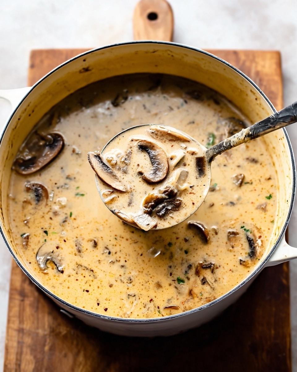 A white pot filled with creamy mushroom soup, showing thick light beige broth dotted with thin sliced mushrooms that are light brown with darker edges, scattered throughout the soup's smooth texture. A ladle is lifting some of the soup, clearly showing the soup’s creaminess and mushroom pieces inside it above the pot. The pot is placed on a wooden board, resting on a white marbled surface. photo taken with an iphone --ar 4:5 --v 7