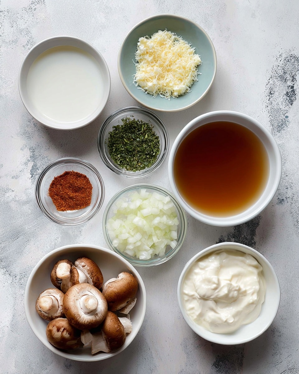 The image shows seven containers with ingredients arranged neatly on a white marbled surface. From the top left, there's a small white bowl filled with a white liquid, next to it a light blue bowl with grated light yellow garlic. On the right is a large white bowl filled with a clear brown broth. Below the broth is a small clear glass bowl with finely chopped green herbs, next to it another small clear bowl with reddish brown powder. Below the garlic and white liquid bowls, there is a medium white bowl with whole brown mushrooms, next to it a medium white bowl filled with chopped white onions. At the bottom right, there's a small white bowl filled with creamy white sour cream or yogurt. photo taken with an iphone --ar 4:5 --v 7