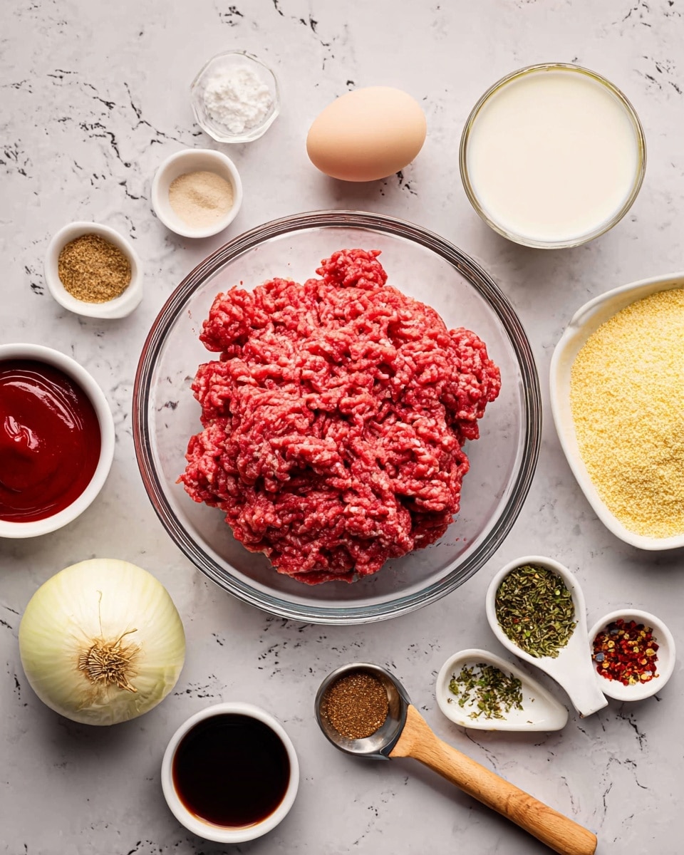 The image shows a clear glass bowl in the center filled with two layers of bright red ground meat with a slightly uneven texture. Around the bowl, various small white bowls and measuring cups are placed on a white marbled surface, holding different ingredients: a white egg, a small clear cup of white milk, a rounded white onion with its top roots visible, a measuring cup with yellow breadcrumbs, and smaller white bowls with a dark soy sauce, a deep red ketchup, a light brown sugar, a pinch of white salt on a wooden handle spoon, and a mix of green herbs and red chili flakes. Each ingredient’s texture and color contrast nicely with the white marbled background photo taken with an iphone --ar 4:5 --v 7
