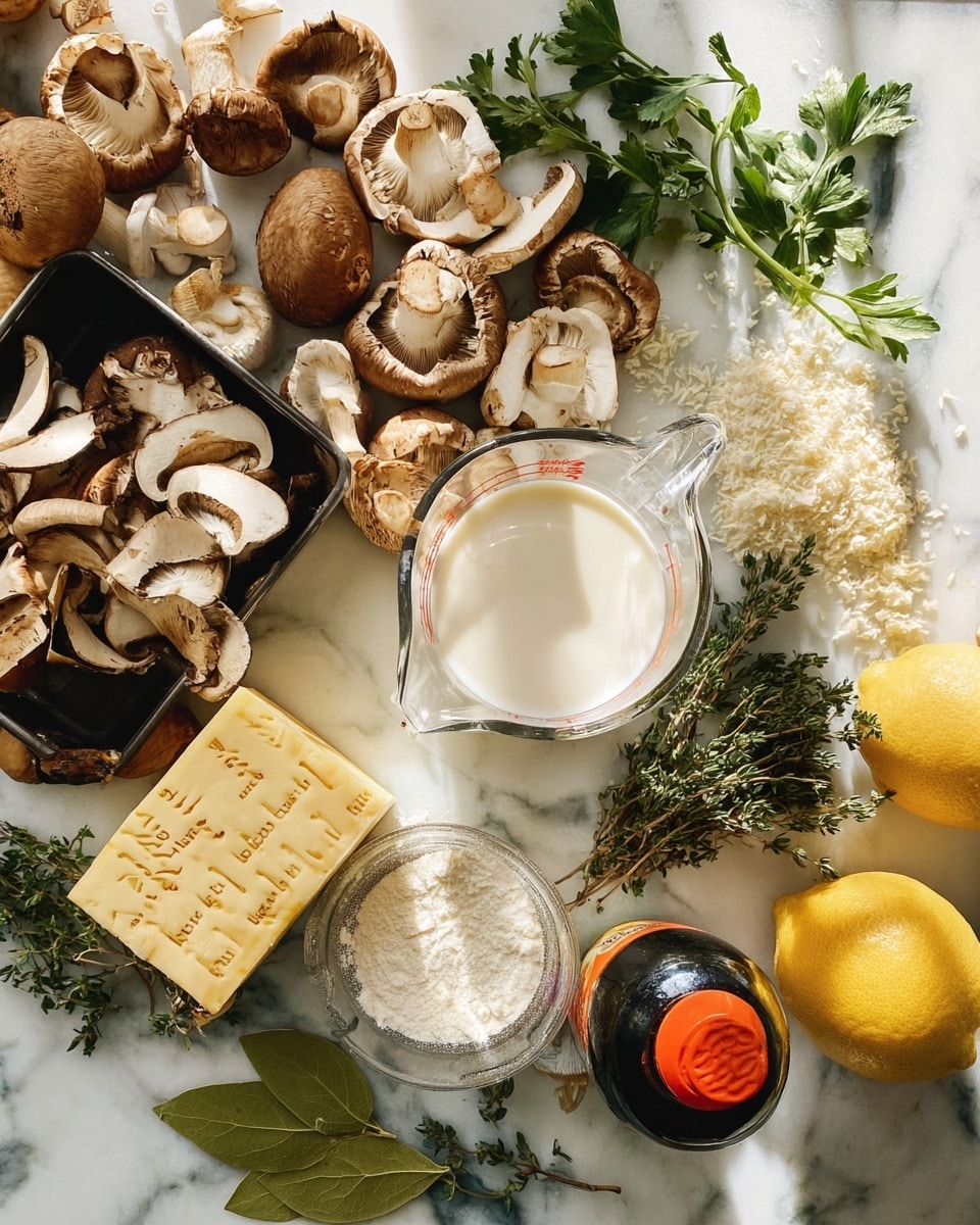 A top-down view of various fresh ingredients spread out on a white marbled surface, featuring sliced and whole brown and shiitake mushrooms scattered near a black container filled with mushroom slices. Near them, a block of yellow butter with measurement marks lies next to a small glass bowl of pale flour. A clear glass measuring cup holds creamy white liquid, surrounded by fresh green parsley and thyme sprigs, two large green bay leaves, half of a sliced yellow lemon, and a small bottle of dark soy sauce with a red cap. The arrangement shows a natural, rustic kitchen scene with bright natural light. photo taken with an iphone --ar 4:5 --v 7