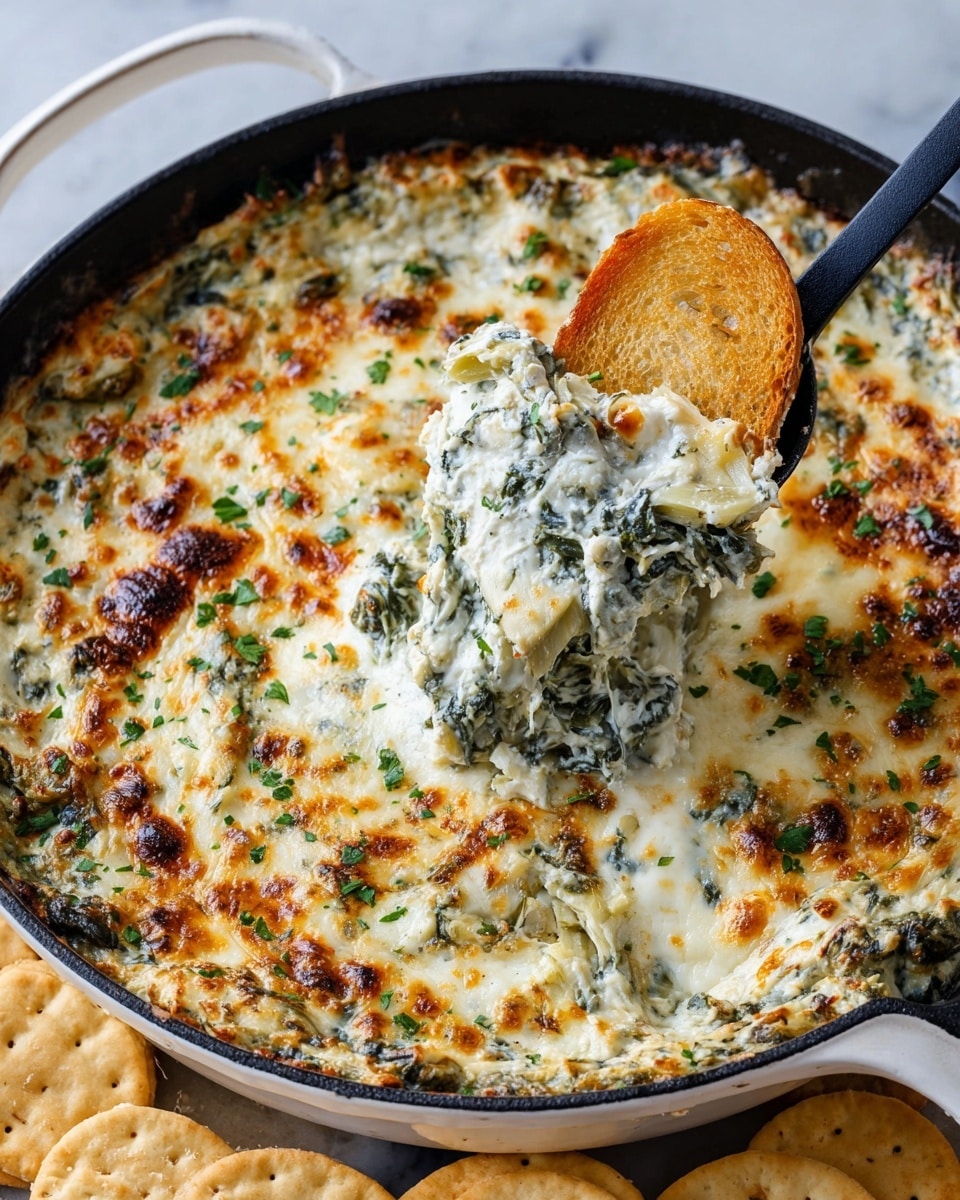 Crazy Easy Spinach Artichoke Dip Recipe 5 A white skillet filled with a layered spinach artichoke dip, the top layer is golden brown melted cheese with some darker toasted spots and small green parsley bits sprinkled on it. The underneath visible layer is creamy white with chopped spinach and artichoke pieces mixed in, showing a soft, thick texture. A black spoon scoops up a portion of the dip, resting a crisp light brown toasted bread slice inside the creamy dip. Around the skillet are light-colored crackers on a white marbled surface photo taken with an iphone --ar 4:5 --v 7