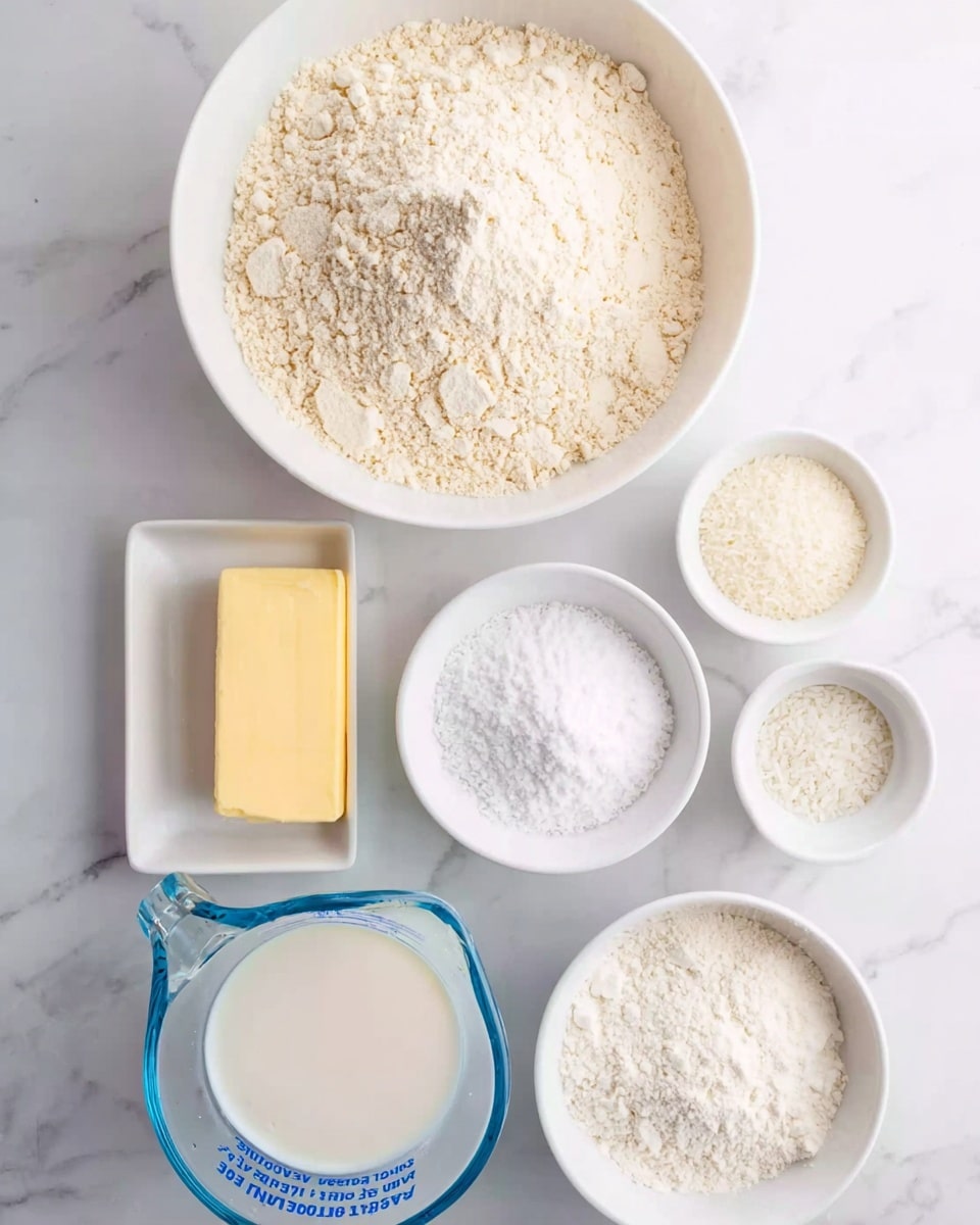 A white bowl filled with a layer of light beige flour sits near the top of the image on a white marbled surface. Below it, there is a stick of yellow butter placed horizontally, with five small white bowls arranged around it. Four of these bowls contain white powdery ingredients, each with slightly different textures and fineness, while the fifth bowl holds a white granular substance. At the bottom, a clear glass measuring cup filled halfway with creamy white milk is visible. The image is bright and clear, showing the ingredients neatly spread out for baking preparation photo taken with an iphone --ar 4:5 --v 7