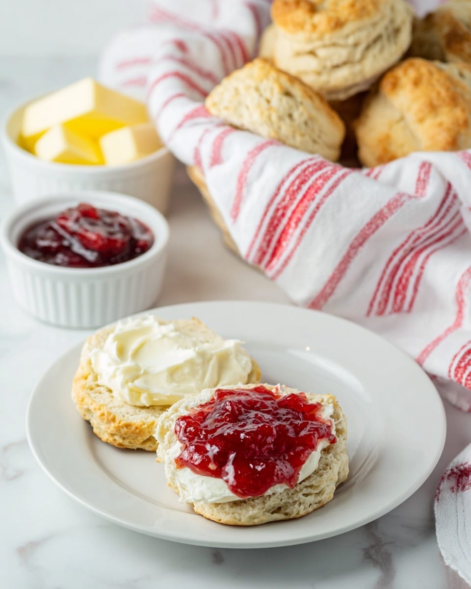 A white plate on a white marbled surface holds an open biscuit split into two layers; the bottom half is spread with white cream and topped with bright red strawberry jam that looks shiny and slightly chunky, while the top half is spread with a thick layer of white cream. Behind the plate, there is a small white bowl filled with yellow butter slices and another small white bowl of red jam. In the background, a basket lined with a white and red striped cloth holds several whole golden brown biscuits. Photo taken with an iphone --ar 4:5 --v 7