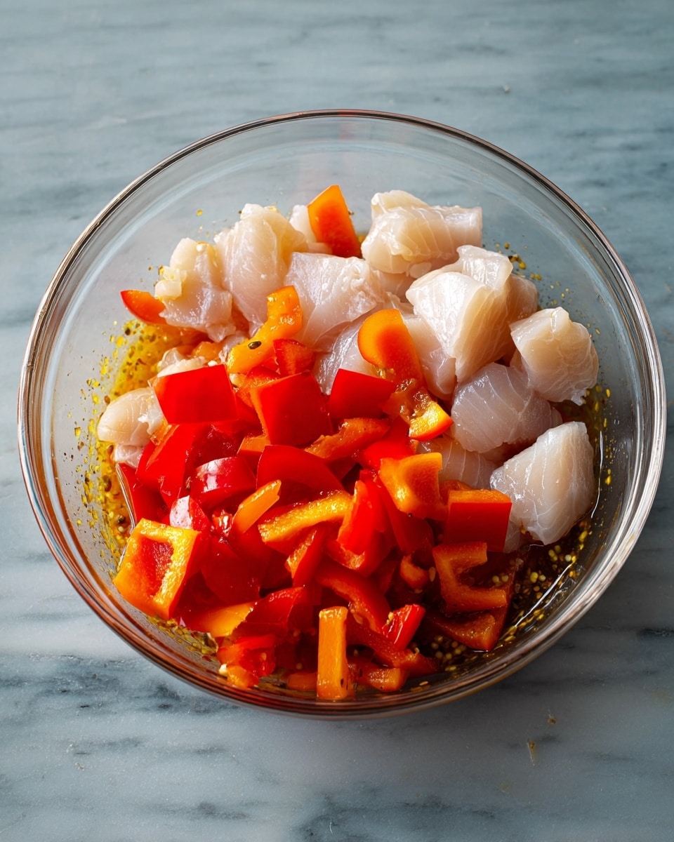 A clear glass bowl sits on a white marbled surface, filled with three main layers. On one side, there are raw white fish pieces with a smooth, slightly wet texture. Next to the fish, bright red and orange bell pepper chunks with a shiny, firm surface are placed. Underneath and mixed lightly among the fish and peppers, a thin layer of light brown marinade with visible small yellow spices coats the bottom of the bowl. photo taken with an iphone --ar 4:5 --v 7