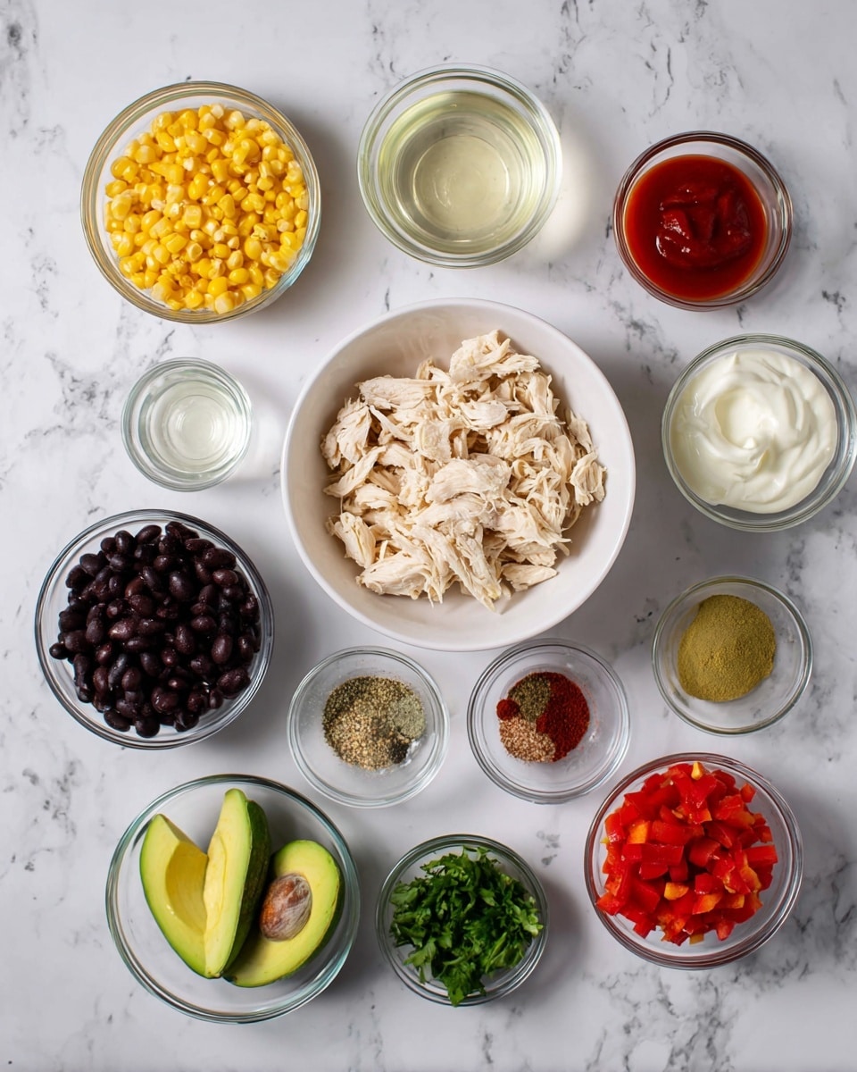 The image shows several small glass bowls arranged on a white marbled surface. In the center is a white bowl filled with shredded light beige chicken. Around it, moving clockwise from the top left, there is a clear bowl of bright yellow corn kernels, a bowl with a small amount of red sauce, a bowl with a pale clear liquid, a bowl with thick white yogurt-like cream, a bowl of dark black beans, two halves of a green avocado, a bowl holding four different spices including salt, black pepper, red powder, and brown powder, a bowl of finely chopped red bell pepper, and a small bowl of chopped fresh green herbs. Photo taken with an iphone --ar 4:5 --v 7
