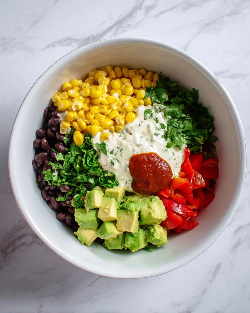 In a white bowl, there are six layers arranged in separate sections: bright yellow corn on the left, black beans below the corn, chopped green cilantro in the center, creamy white sauce above the beans, diced red bell peppers to the right of the sauce, and chunky avocado pieces with a small dollop of red sauce on top on the far right. The bowl sits on a white marbled surface. photo taken with an iphone --ar 4:5 --v 7