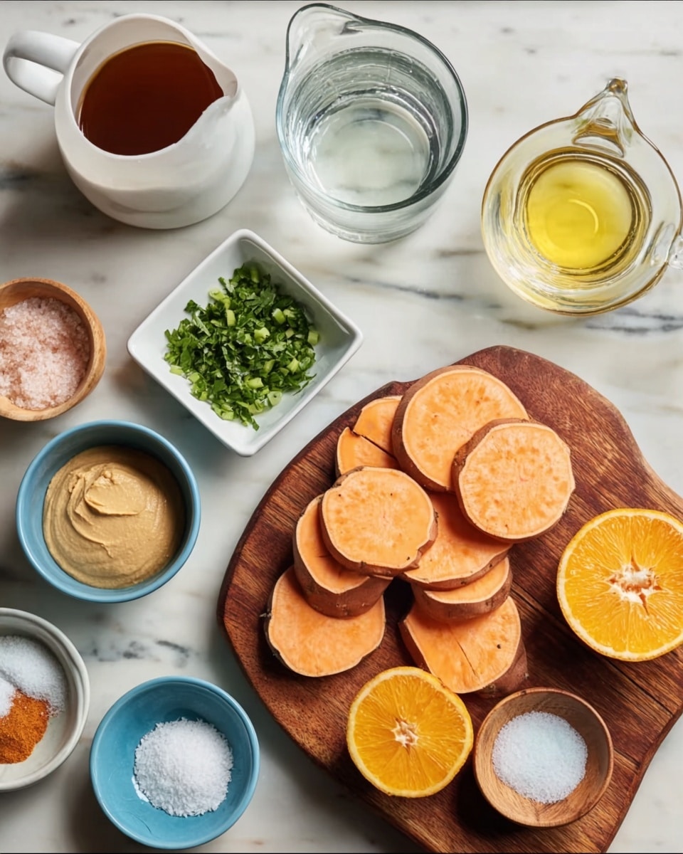 A clear glass bowl on the right side holds thick slices of orange sweet potatoes with skin, resting on a dark wooden board. On the board, two halves of a bright orange are placed near the center. Around them, small bowls hold various ingredients: a light blue bowl with a smooth beige paste below the oranges, a white square dish filled with chopped green herbs above the oranges, a small blue bowl with a yellow creamy substance above right of the herbs, a small white pitcher with golden yellow liquid near the top center, and a clear glass with water next to it. On the white marbled surface, there is a white pitcher with a dark brown liquid in the top left corner, a small wooden bowl with white powder beside it, a pale pink bowl with white salt below, a small blue bowl with light brown sugar to the left of the herbs, a clear container with bright yellow juice below all, and a small blue bowl with white coarse salt in the bottom right corner of the board. All items are neatly arranged, creating a colorful and fresh ingredient display photo taken with an iphone --ar 4:5 --v 7